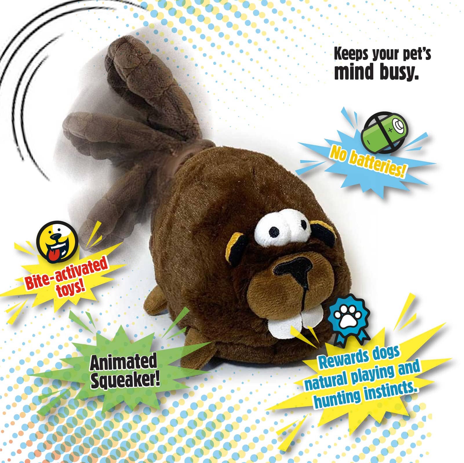 GoDog Action Battery-Free Reacting Squeaky Beaver Plush Dog Toy - Brown  