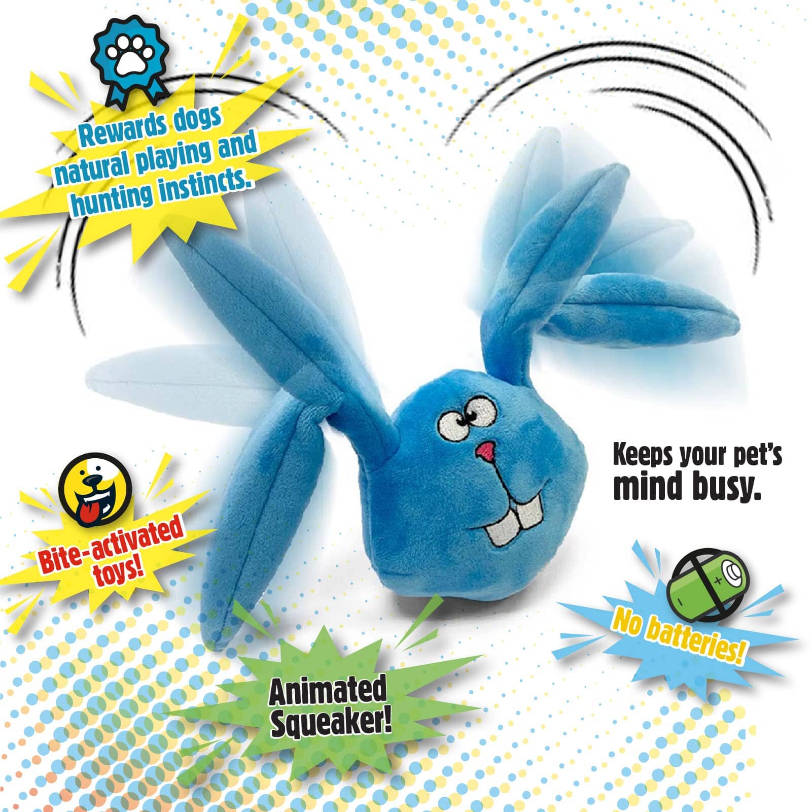 GoDog Action Battery-Free Reacting Squeaky Bunny Plush Dog Toy - Blue  