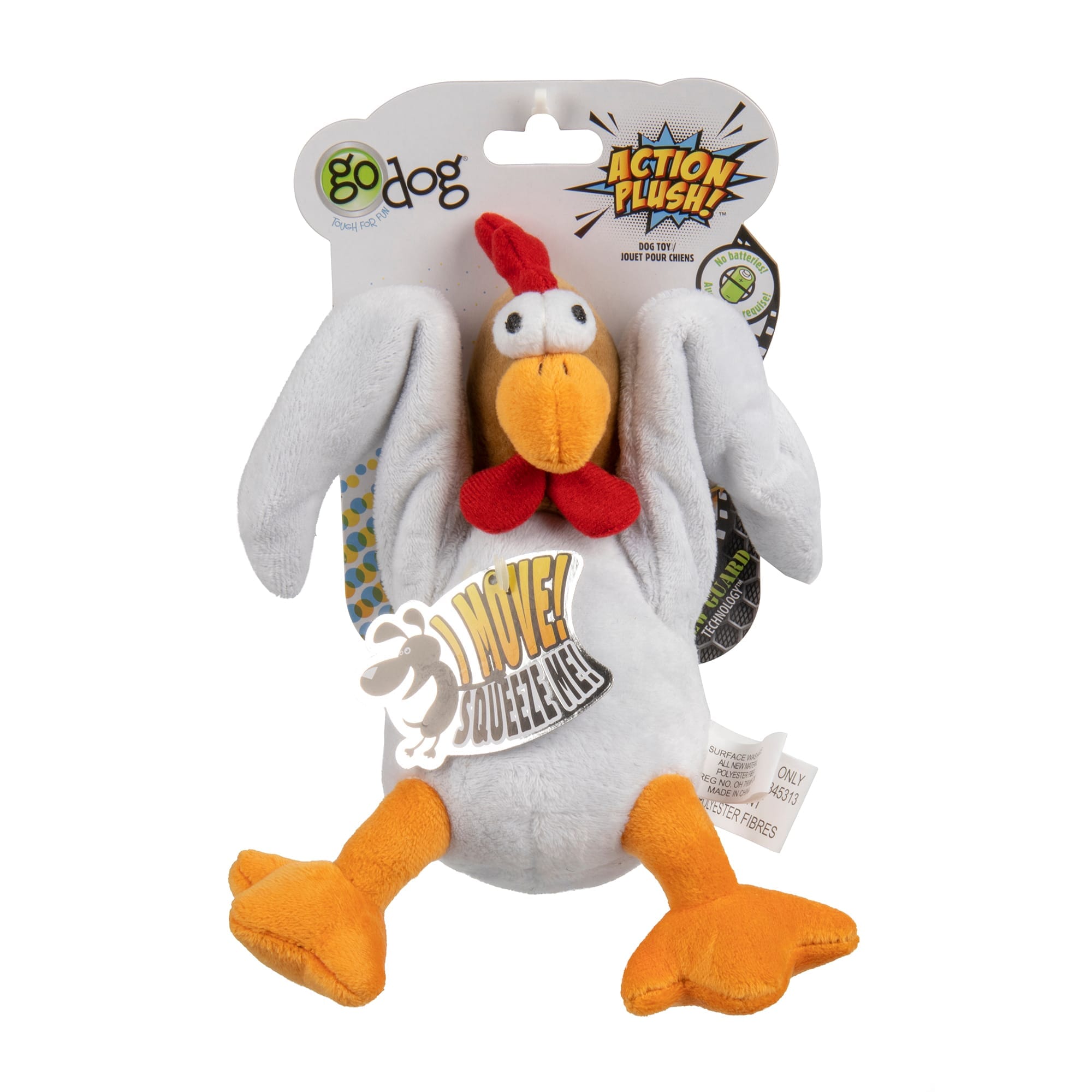GoDog Action Battery-Free Reacting Squeaky Chicken Plush Dog Toy - Tan
