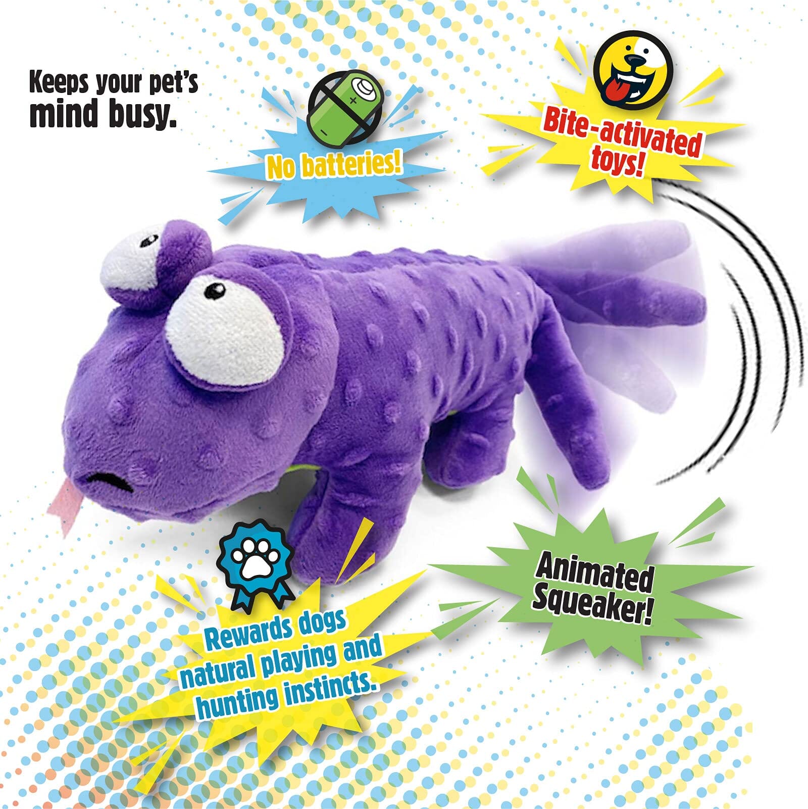 GoDog Action Battery-Free Reacting Squeaky Lizard Plush Dog Toy - Purple  