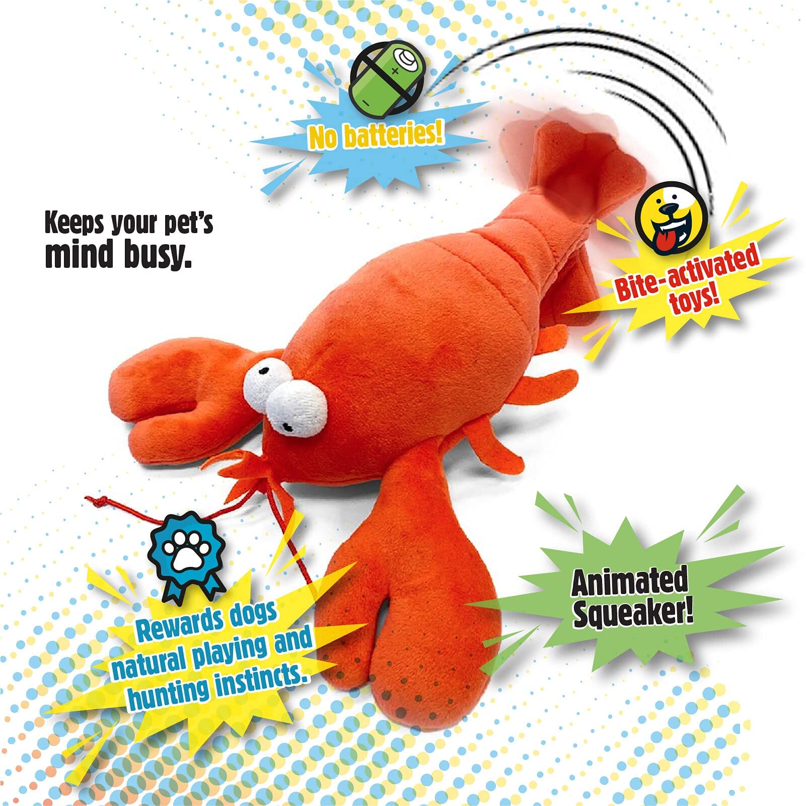 GoDog Action Battery-Free Reacting Squeaky Lobster Plush Dog Toy - Red  