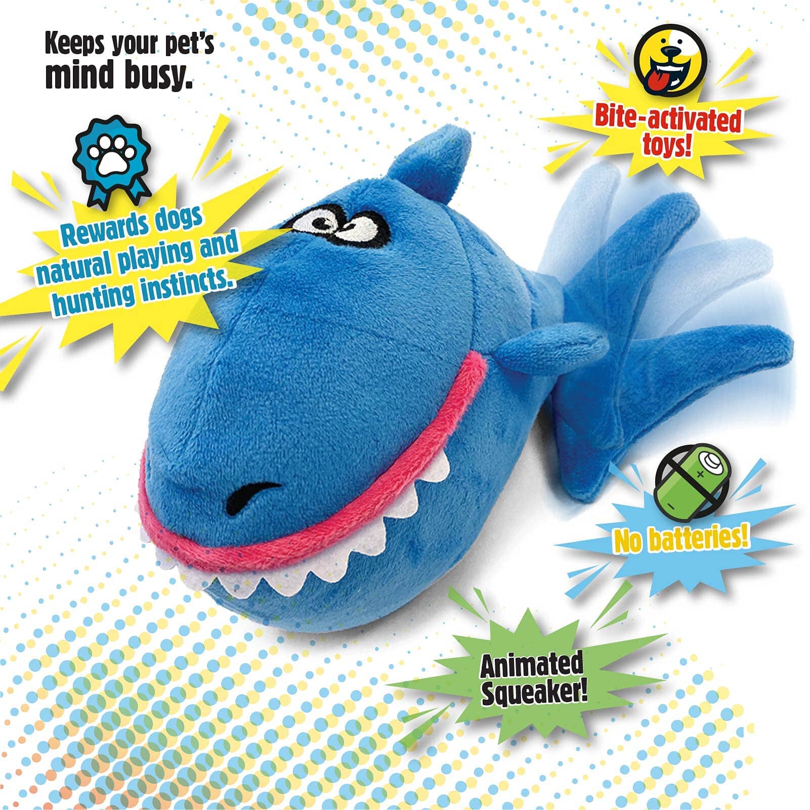 GoDog Action Battery-Free Reacting Squeaky Shark Plush Dog Toy - Blue  