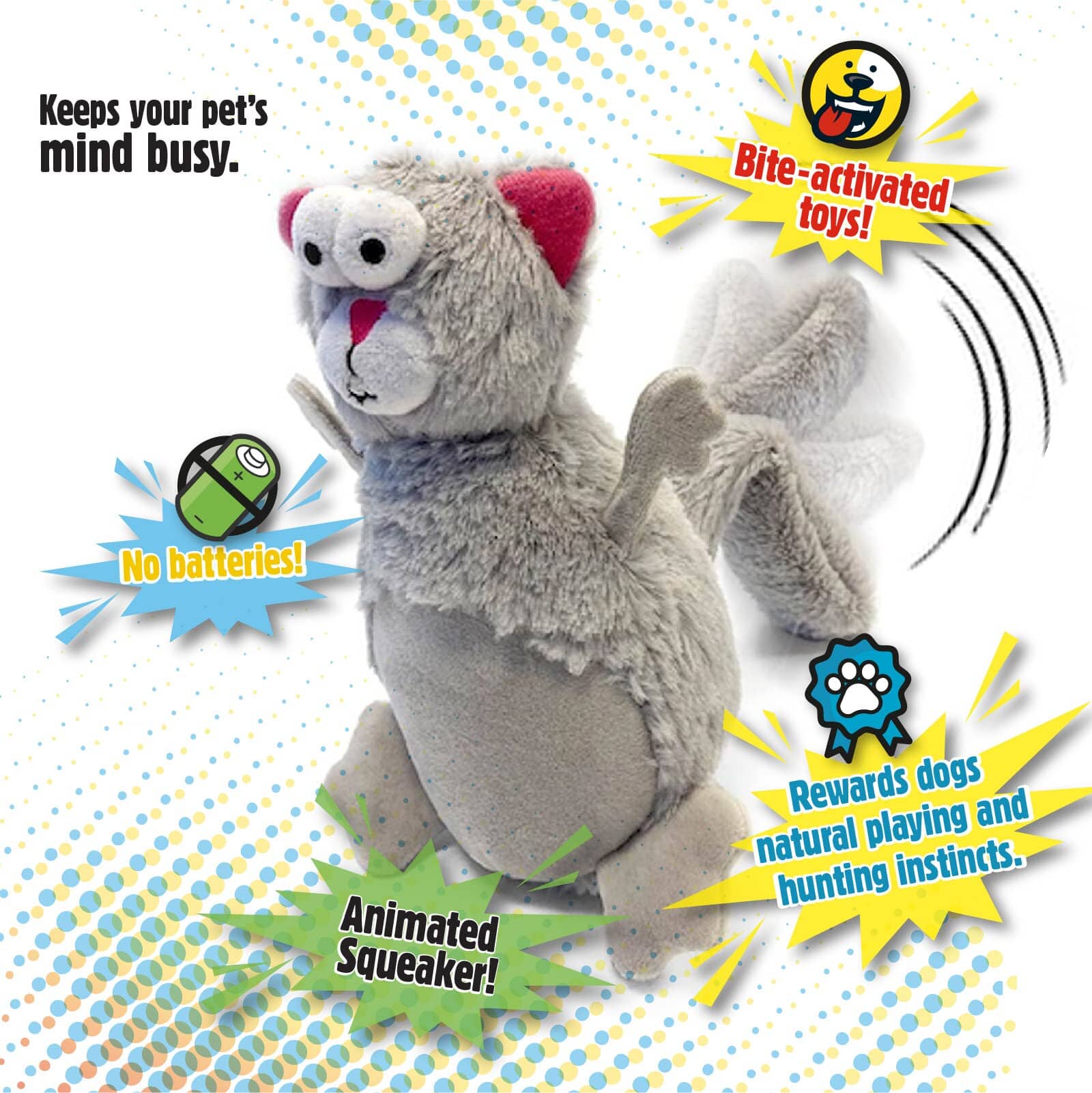 GoDog Action Battery-Free Reacting Squeaky Squirrel Plush Dog Toy - Gray  