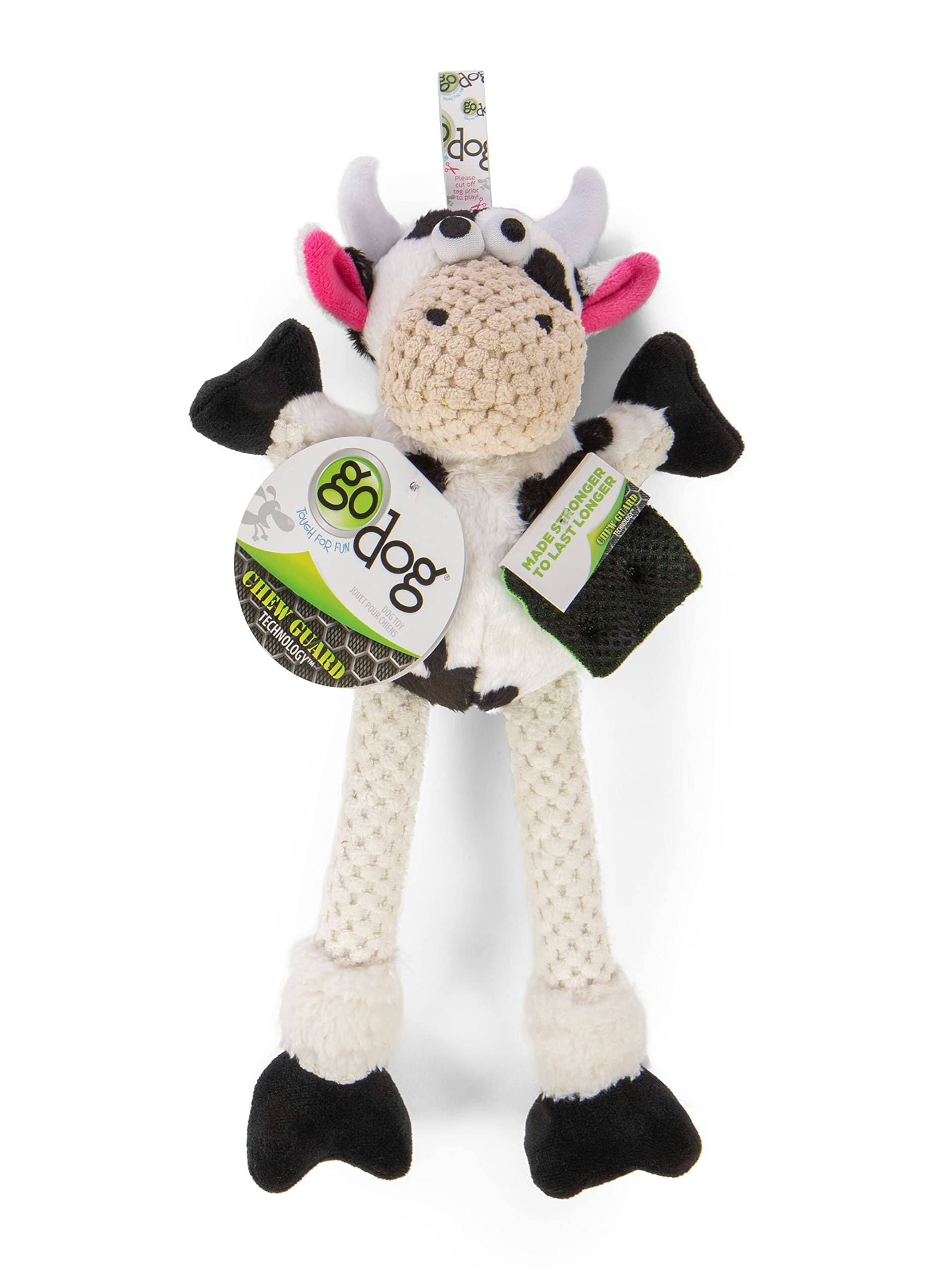 GoDog Barnyard Buddies Cow Squeak and Plush Dog Toy - Black and White - Small  