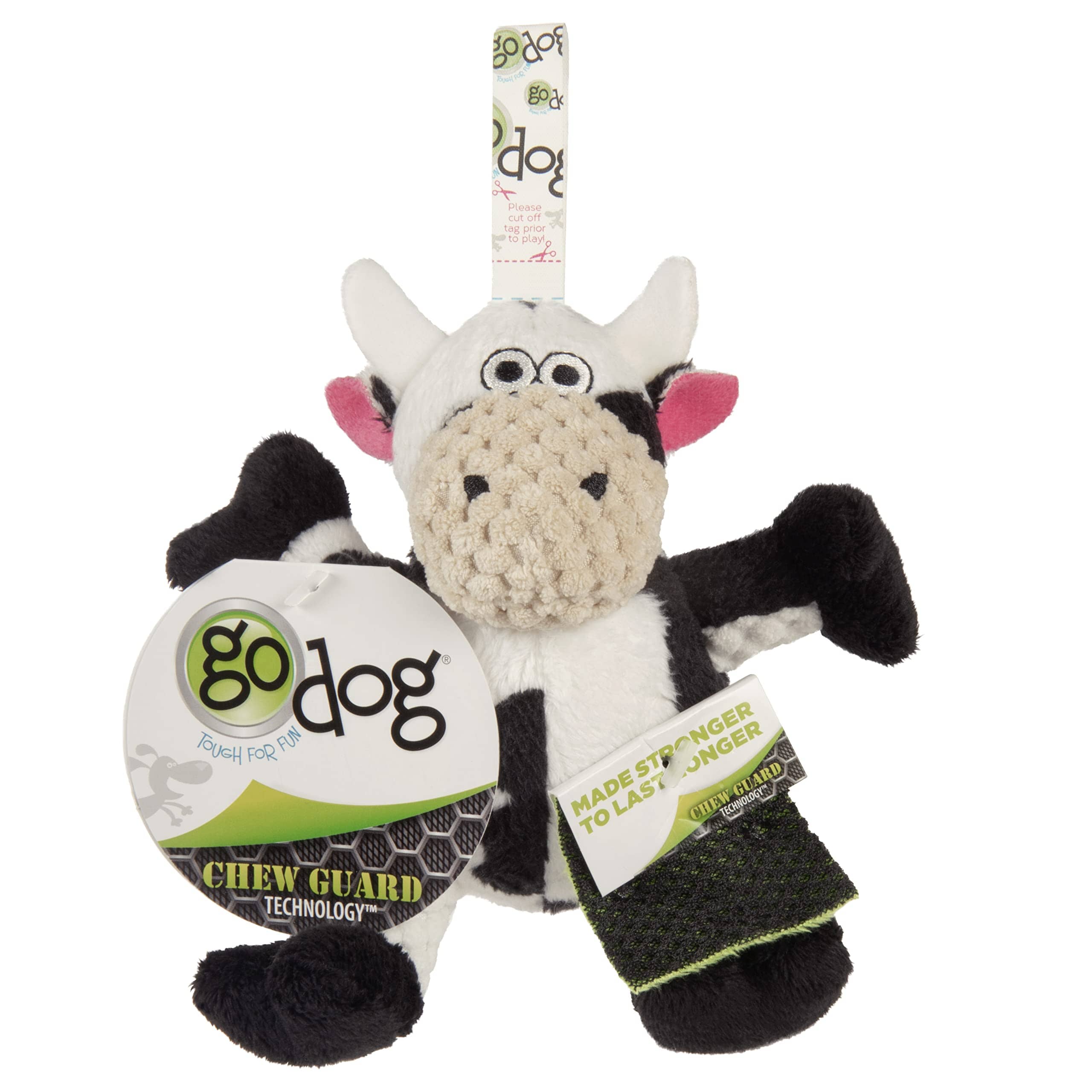 GoDog Checkers Sitting Cow Squeak and Plush Dog Toy with Chew-Guard Tech - Black/White - Mini  