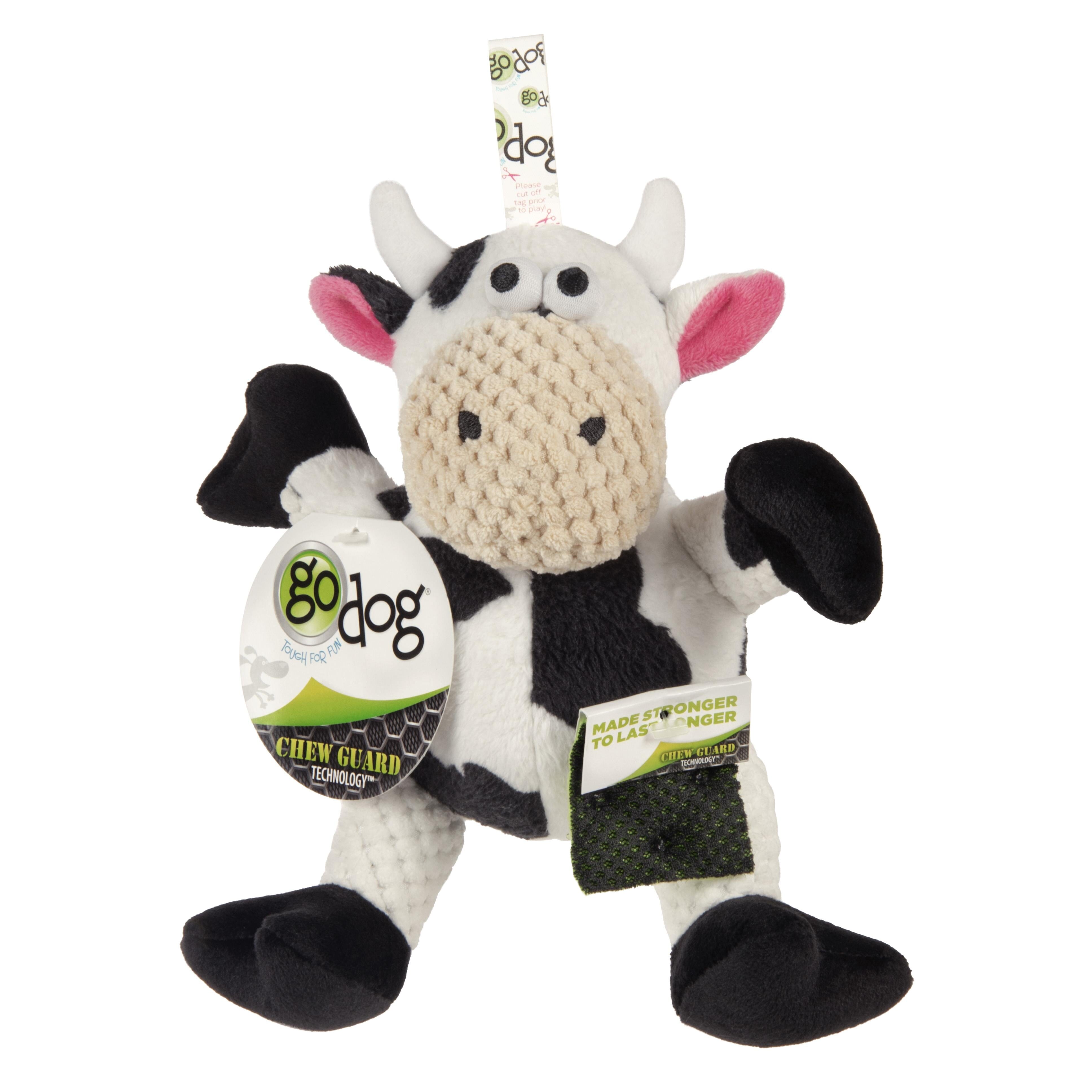 GoDog Checkers Sitting Cow Squeak and Plush Dog Toy with Chew-Guard Tech - Black/White - Small  