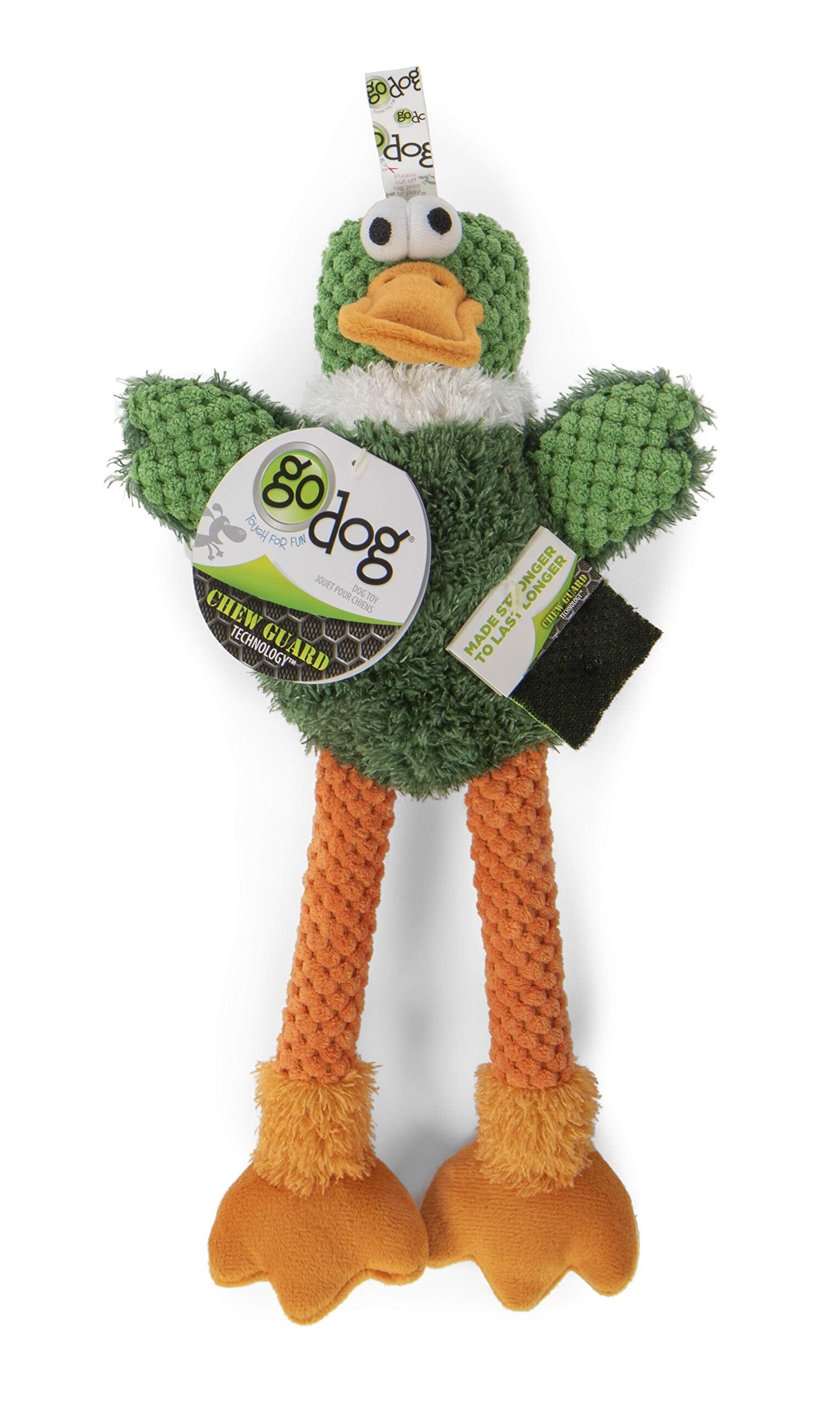 GoDog Checkers Sitting Duck Squeak and Plush Dog Toy with Chew-Guard Tech - Green - Mini  