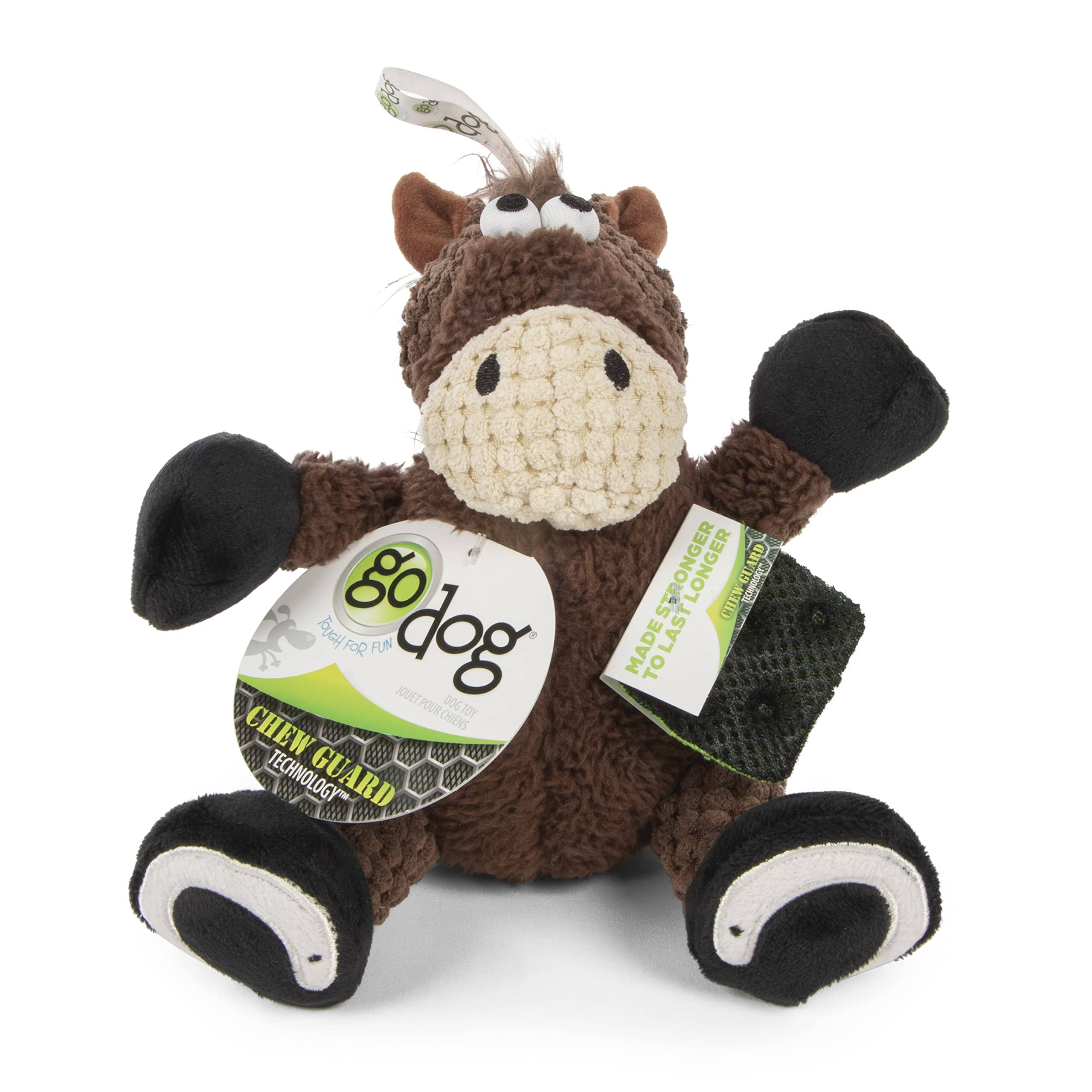 GoDog Checkers Sitting Horse Squeak and Plush Dog Toy with Chew-Guard Tech - Brown - Small  