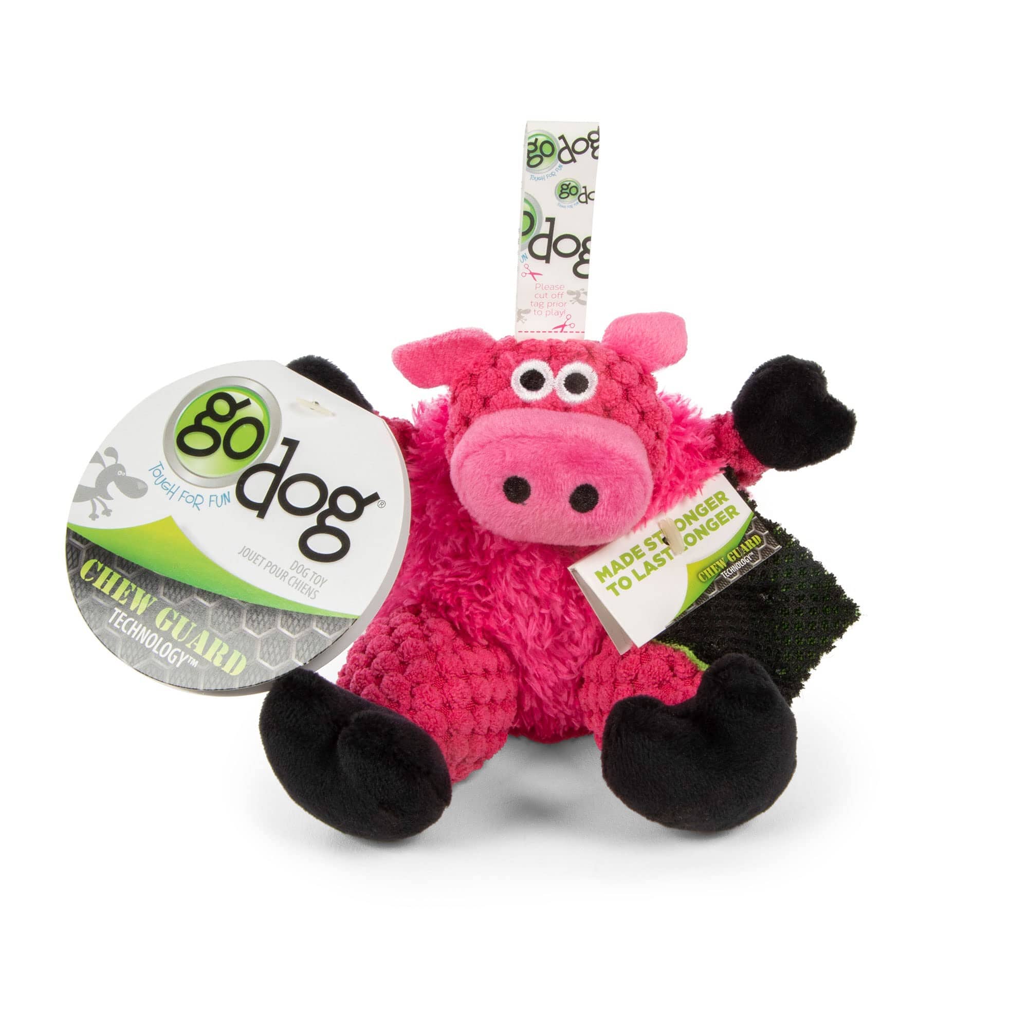 GoDog Checkers Sitting Pig Squeak and Plush Dog Toy with Chew-Guard Tech - Pink - Mini  