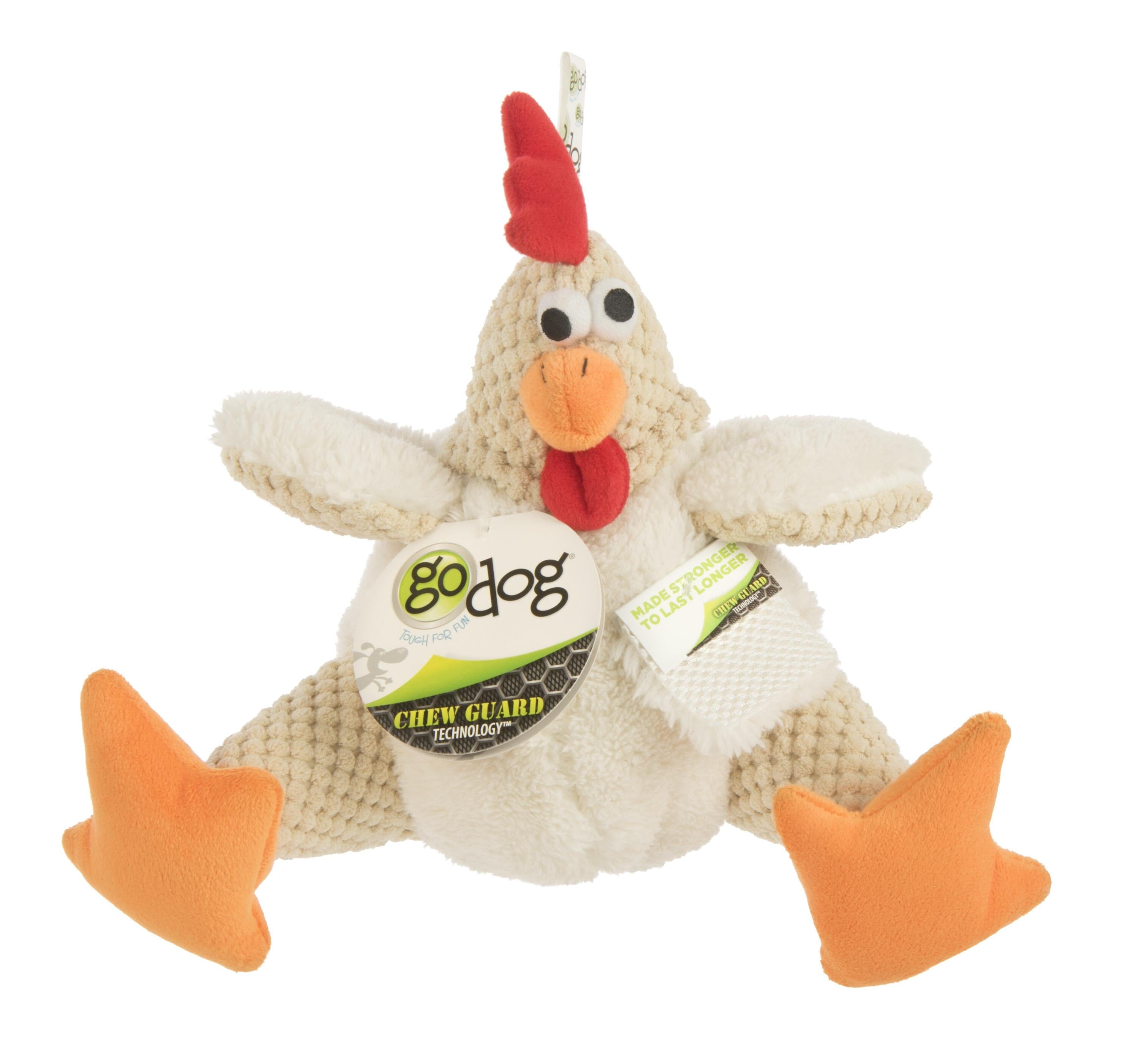 GoDog Checkers Sitting Rooster Squeak and Plush Dog Toy with Chew-Guard Tech - White - Large