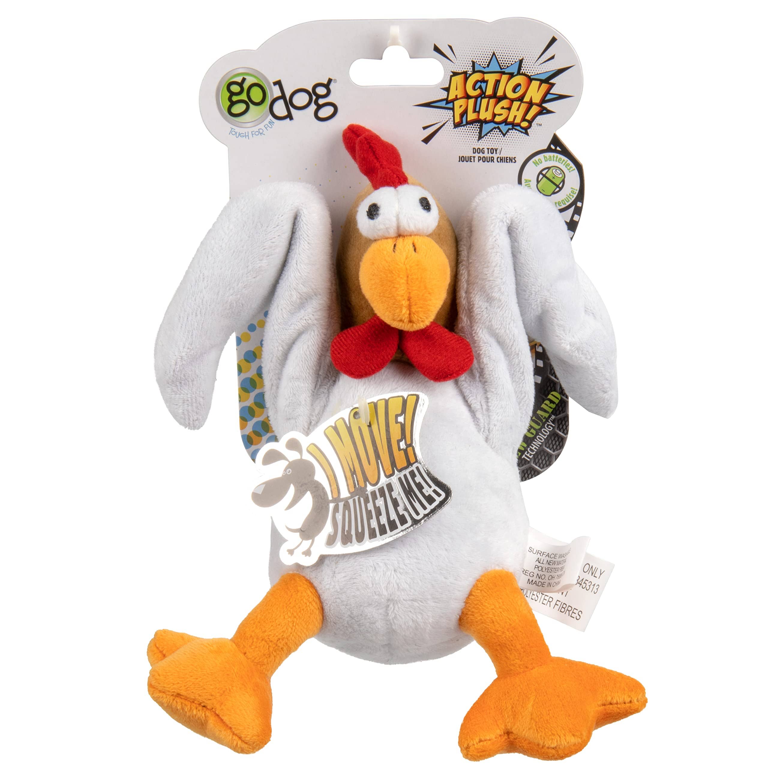 GoDog Checkers Sitting Rooster Squeak and Plush Dog Toy with Chew-Guard Tech - White - Large  