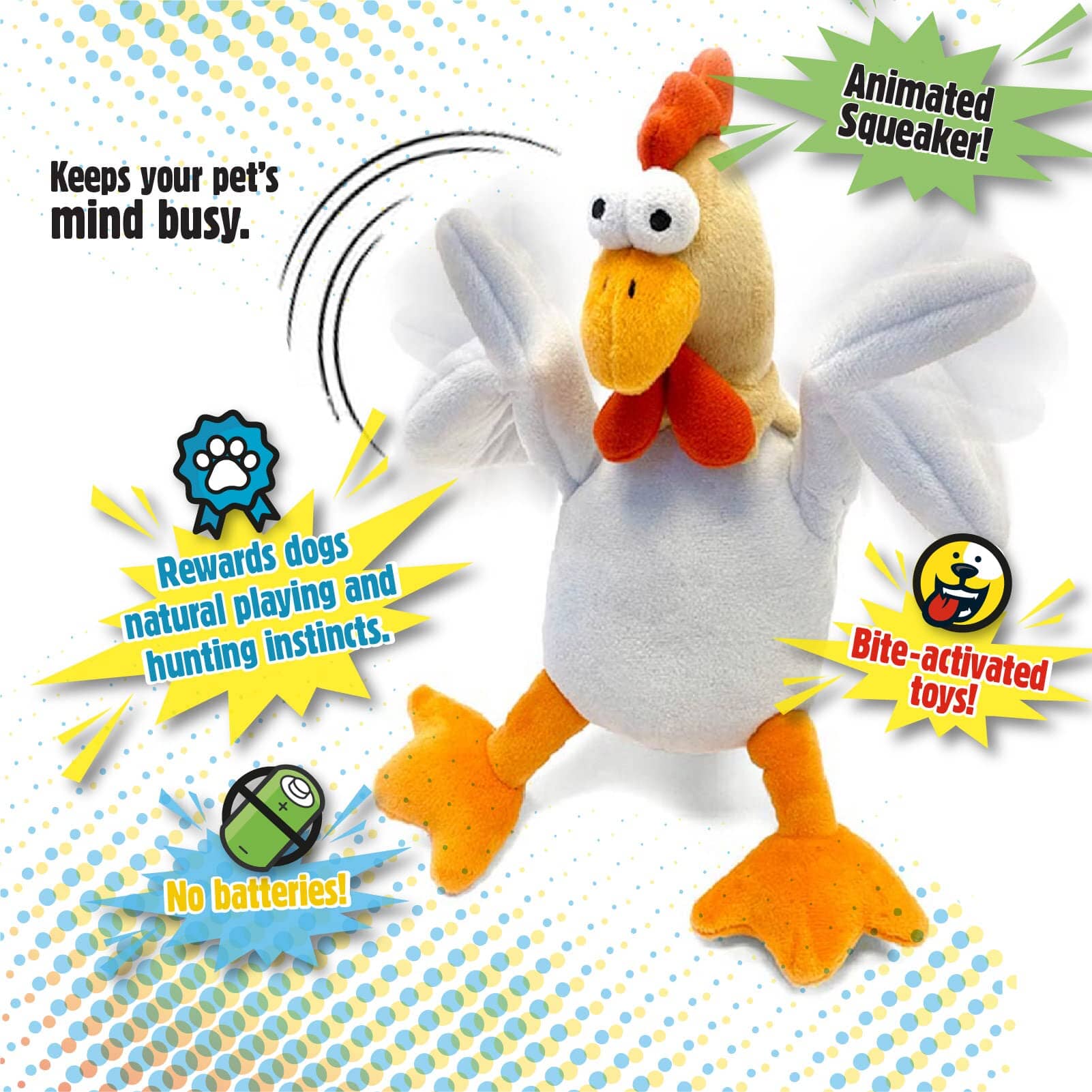 GoDog Checkers Sitting Rooster Squeak and Plush Dog Toy with Chew-Guard Tech - White - Large  