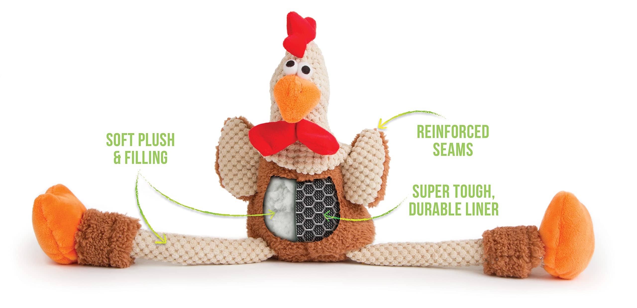 GoDog Checkers Skinny Rooster Corduroy Squeak and Plush Dog Toy with Chew-Guard Tech - Brown - Large  