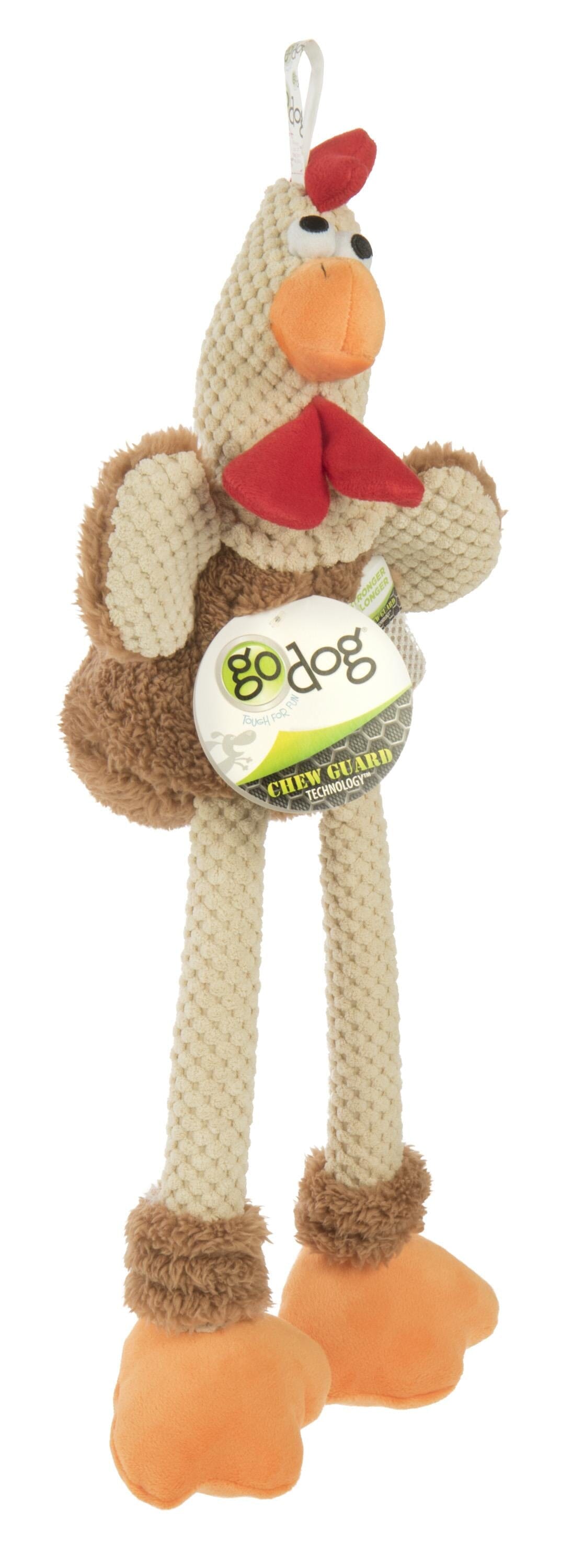 GoDog Checkers Skinny Rooster Corduroy Squeak and Plush Dog Toy with Chew-Guard Tech - Brown - Large