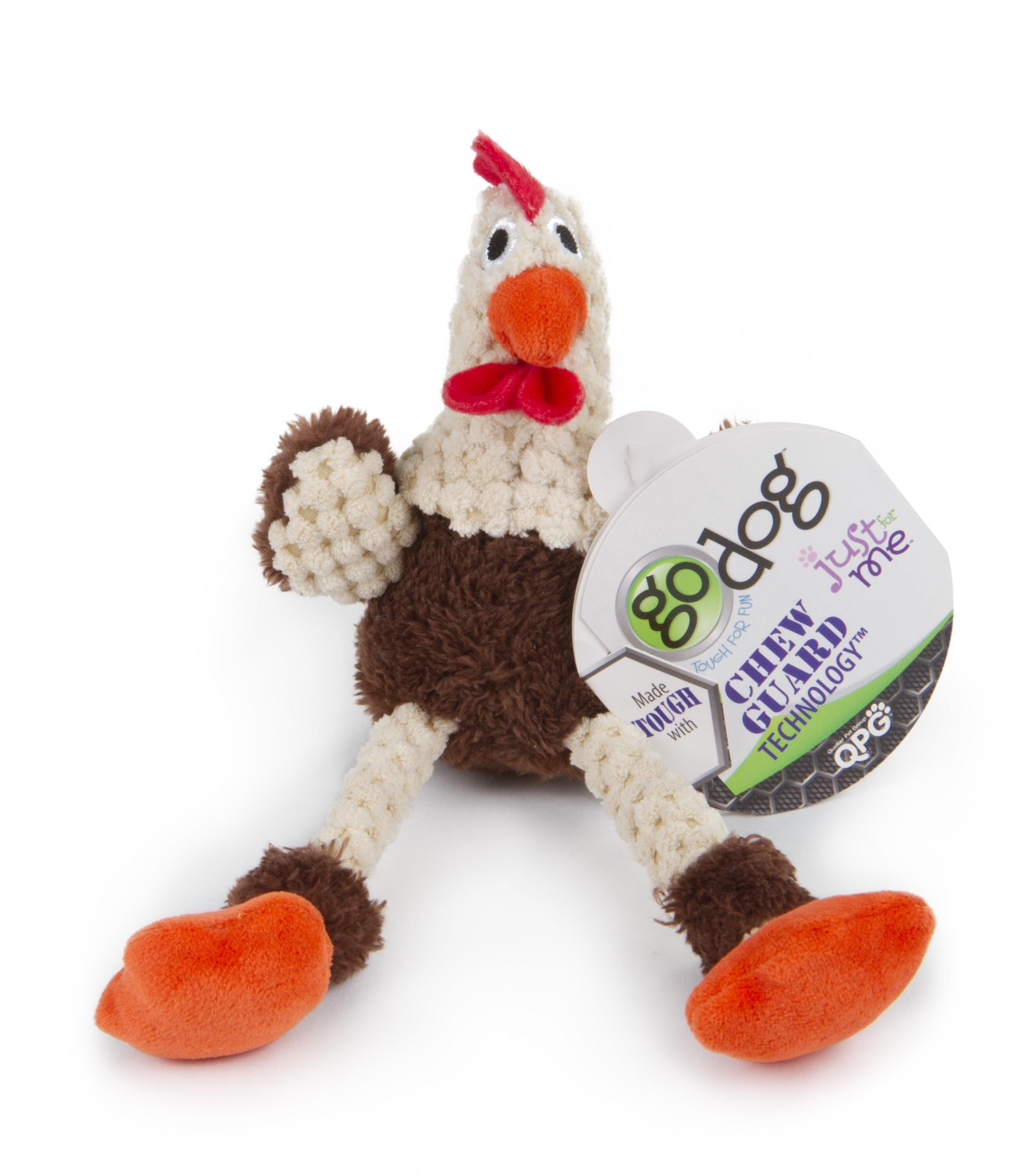 GoDog Checkers Skinny Rooster Squeak and Plush Dog Toy with Chew-Guard Tech - Brown - Mini  