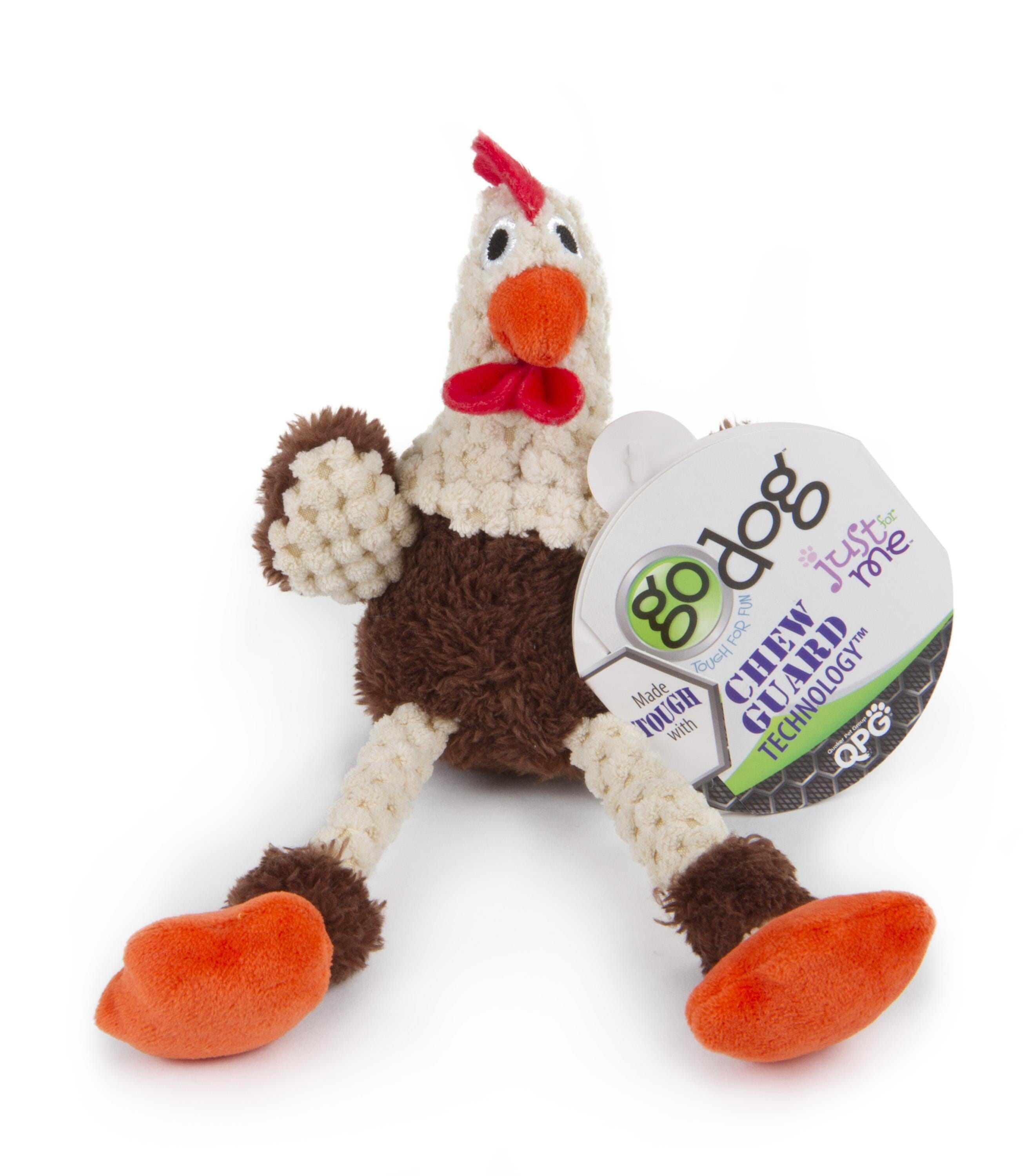 GoDog Checkers Skinny Rooster Squeak and Plush Dog Toy with Chew-Guard Tech - Brown - Mini