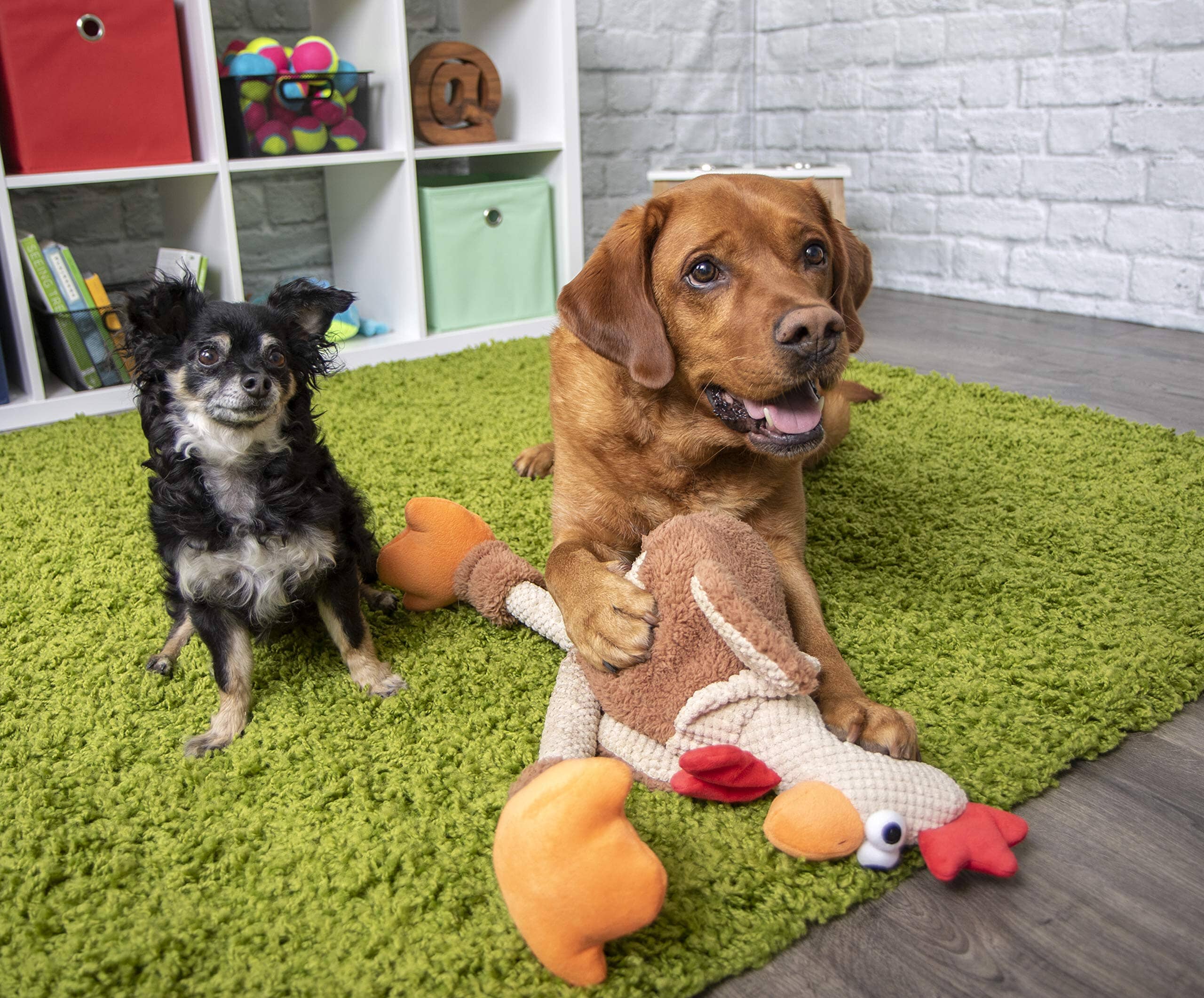 GoDog Checkers Skinny Rooster Squeak and Plush Dog Toy with Chew-Guard Tech - Brown - Mini  