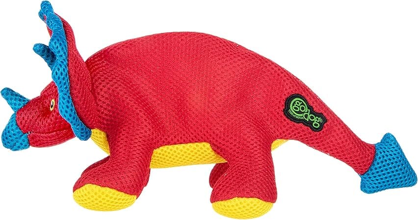 GoDog Double Chew Guard Mesh Dinos Frills Squeak and Chew Dog Toy - Red - Small