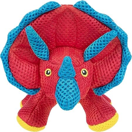 GoDog Double Chew Guard Mesh Dinos Frills Squeak and Chew Dog Toy - Red - Small