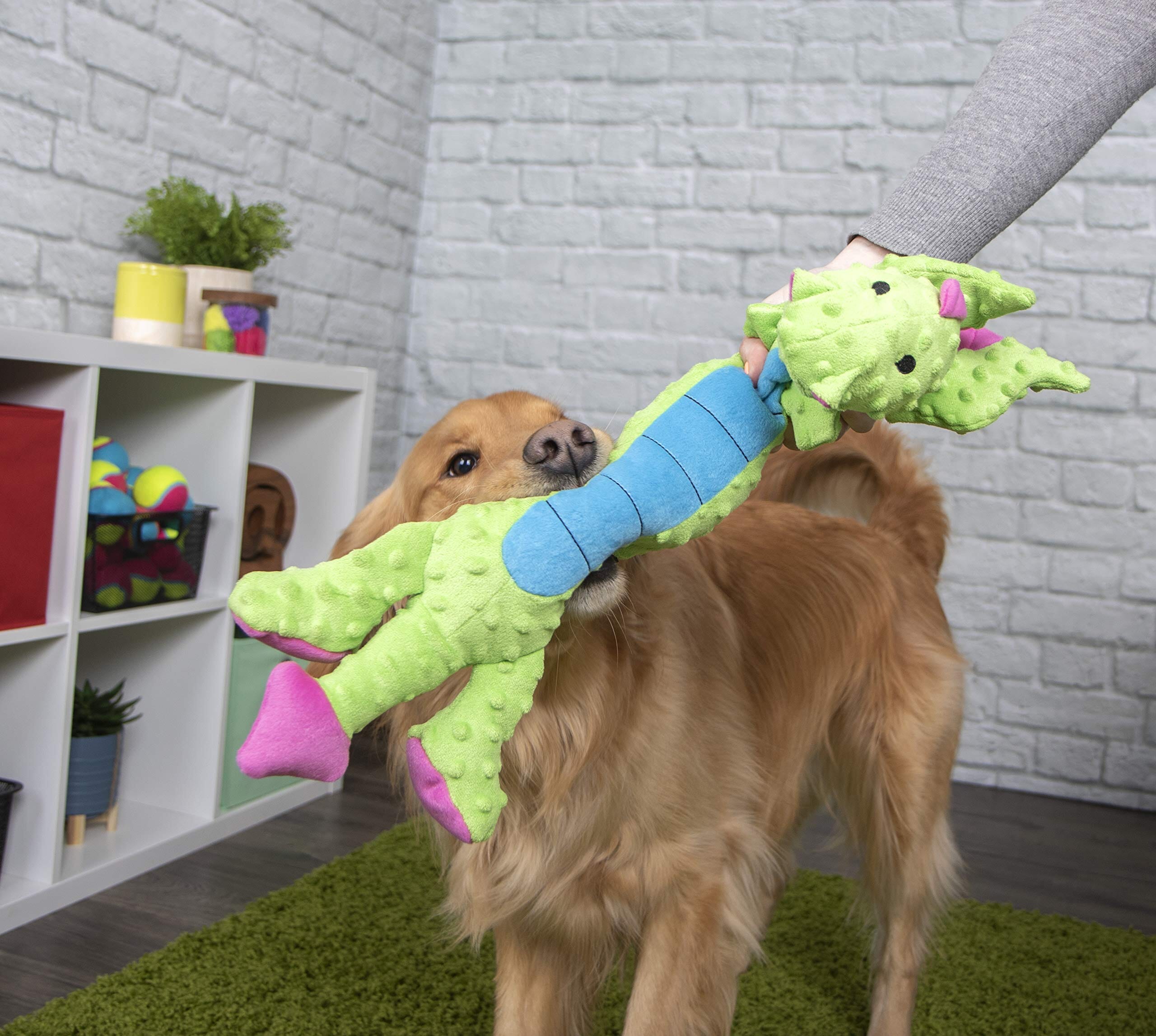 GoDog Dragon Squeak and Plush Dog Toy with Chew-Guard Tech - Green - Large  