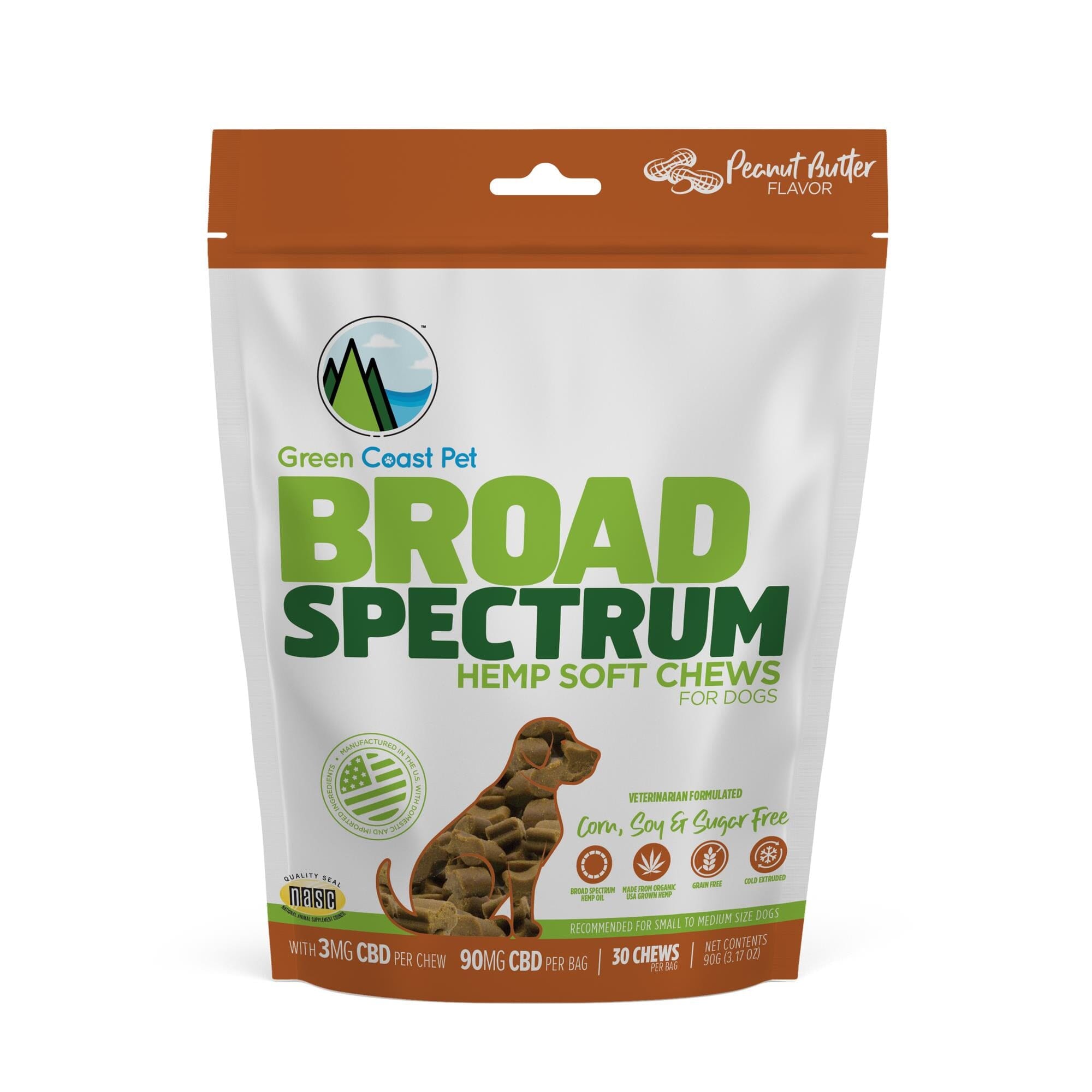 Green Coast Pet Broad Spectrum Hemp Peanut Butter CBD Soft Dog Chews - 90 MG - 30 Count - 3.17 Oz  