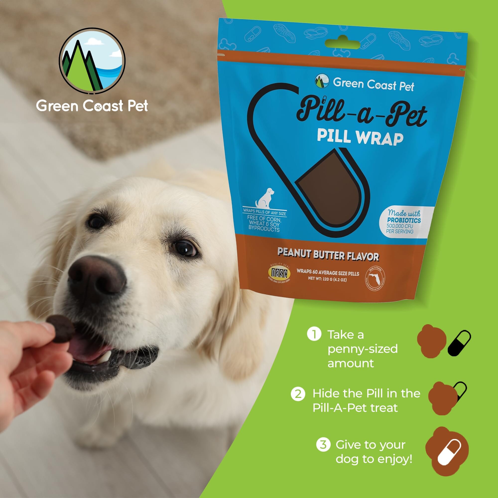 Green Coast Pet Pill-a-Wrap Moldable Pill Wraps for Dogs Peanut Butter with Probiotics - 4.2 Oz  