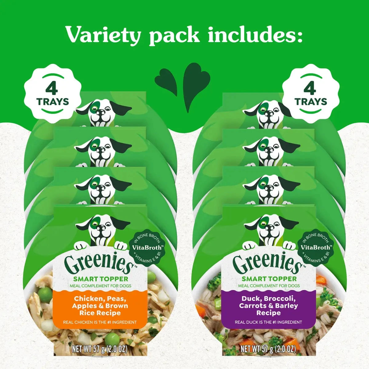 Greenies Smart Topper Wet Mix-In Chicken Duck Grains and Veggie Dog Food Topper Trays  - Variety Pack - 2 Oz - 8 Pack - Case of 2