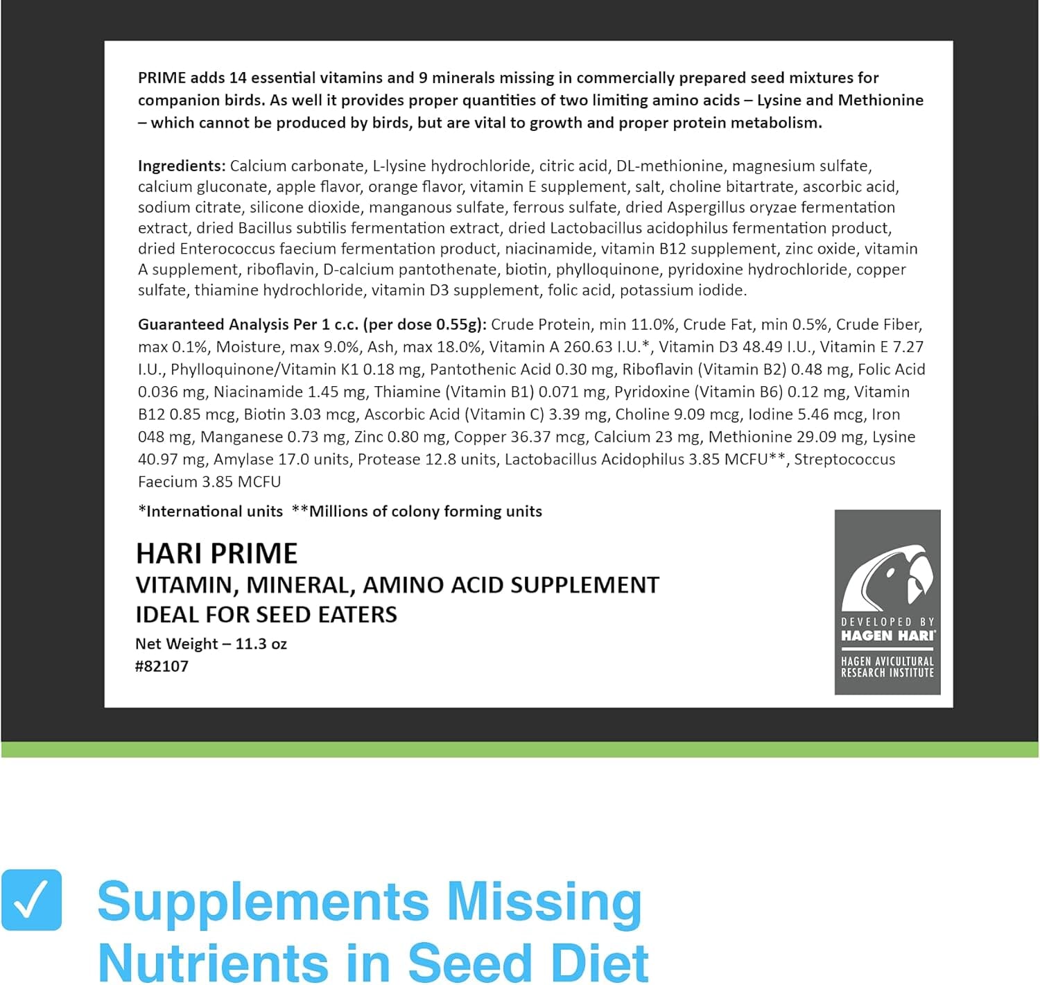 Hagen Hari Prime Vitamin Mineral and Amino Acids Powder Seed Eating Bird Supplements