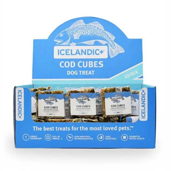 Icelandic+ Large Cod Skin Cube Display Box Natural Dehydrated Cat and Dog Treats - 12 Count  