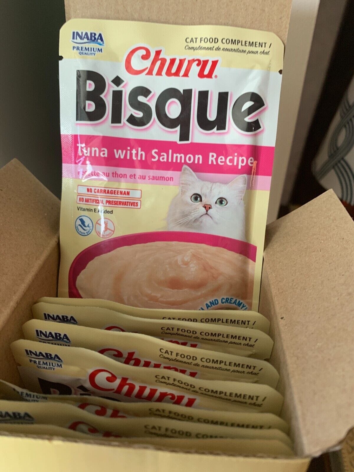 Inaba Churu Bisque Tuna and Salmon Creamy Wet Cat Food or Topper Pouch - 1.4 Oz - 12 Pack Default Title