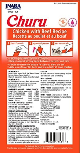 Inaba Churu Puree Cat Treats - Chicken and Beef - .5 Oz - 4 Pack - Case of 6