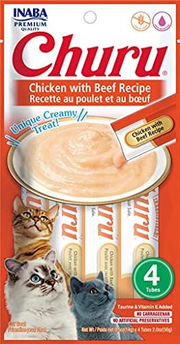 Inaba Churu Puree Cat Treats - Chicken and Beef - .5 Oz - 4 Pack - Case of 6