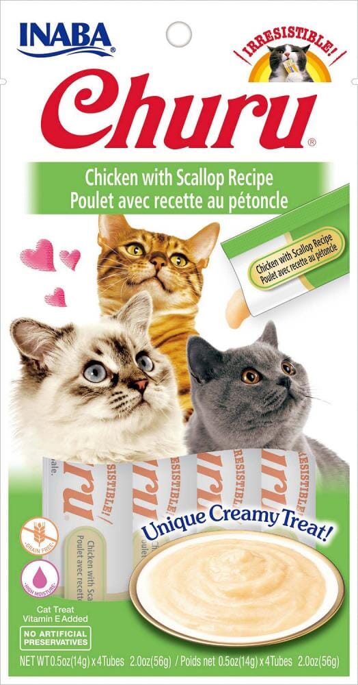 Inaba Churu Puree Cat Treats - Chicken and Scallop - .5 Oz - 4 Pack - Case of 6  