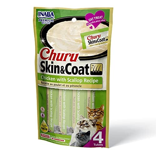 Inaba Churu Puree Skin & Coat Cat Treats - Chicken and Scallop - .5 Oz - 4 Pack - Case of 6