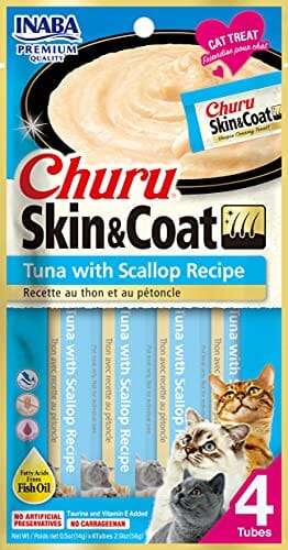 Inaba Churu Puree Skin & Coat Cat Treats - Tuna and Scallop - .5 Oz - 4 Pack - Case of 6