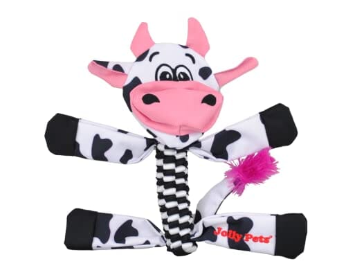 Jolly Pets Animal Flatheads Cow Stuffing-Free Squeak and Rope Tug Dog Toy Small