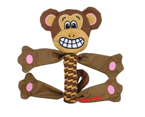 Jolly Pets Animal Flatheads Monkey Stuffing-Free Squeak and Rope Tug Dog Toy Large