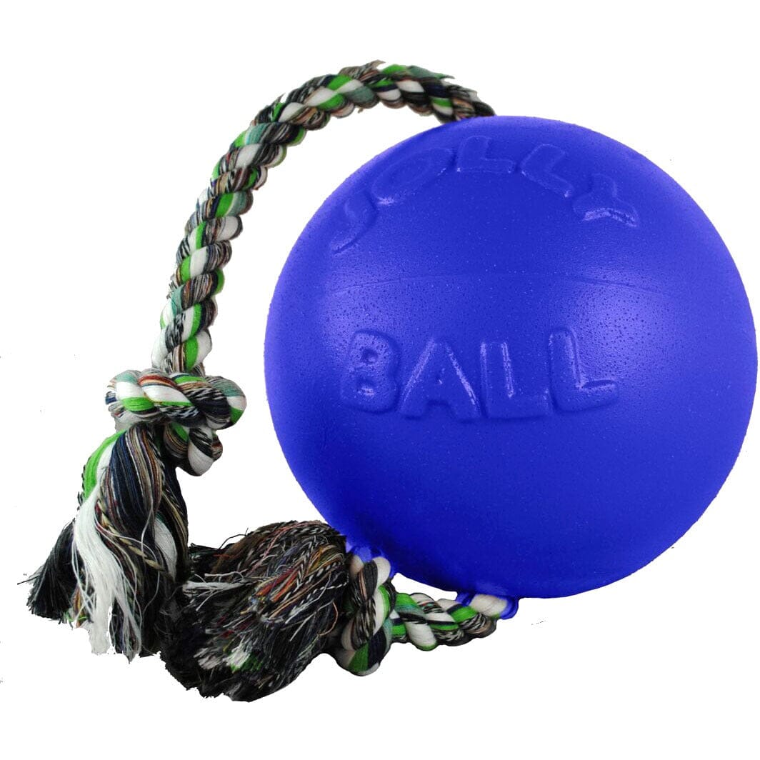 Jolly Pets Romp-N-Roll Puncture-Proof Ball with Rope Chew and Fetch Floating Dog Toy Blue Medium - 6 Inch