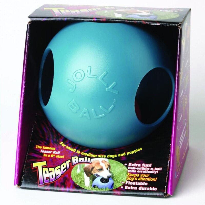 Jolly Pets Teaser Ball 2-in-1 Dual Interactive and Fetch Puzzle Dog Toy Blue Medium - 6 Inch