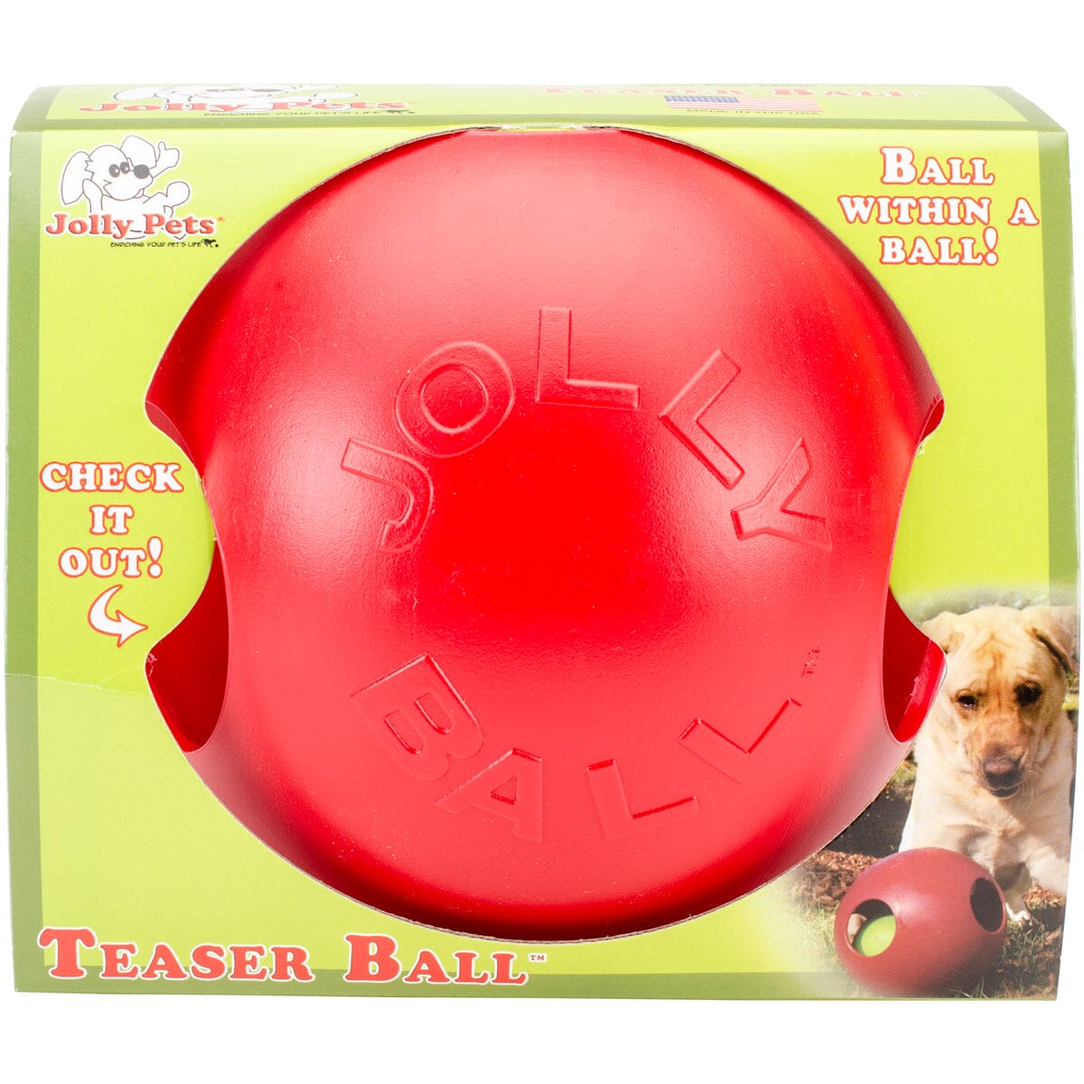 Jolly Pets Teaser Ball 2-in-1 Dual Interactive and Fetch Puzzle Dog Toy Red Large - 8 Inch