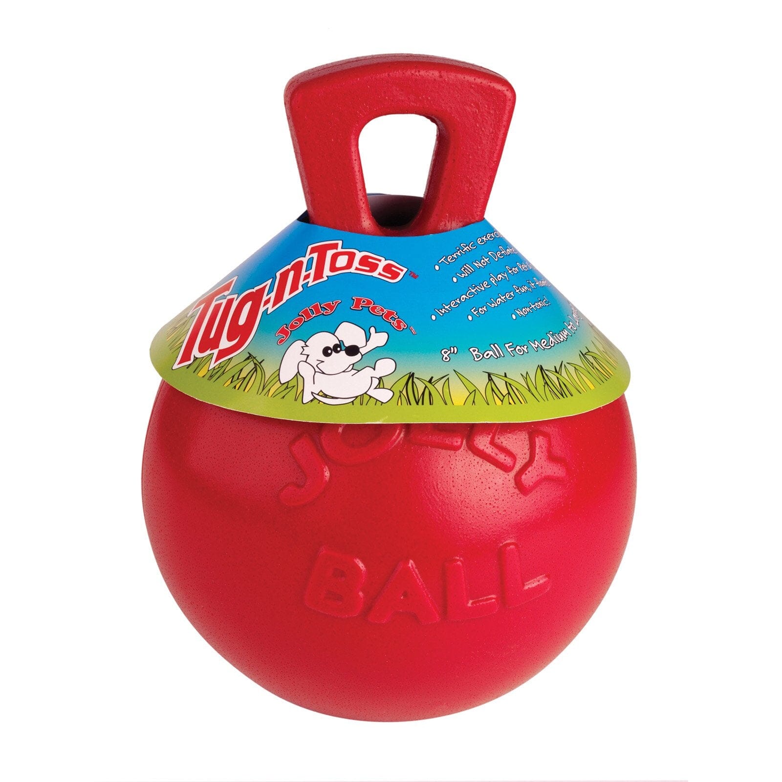 Jolly Pets Tug-N-Toss Fetch Ball Dog Toy with Handle Red Large - 8 Inch