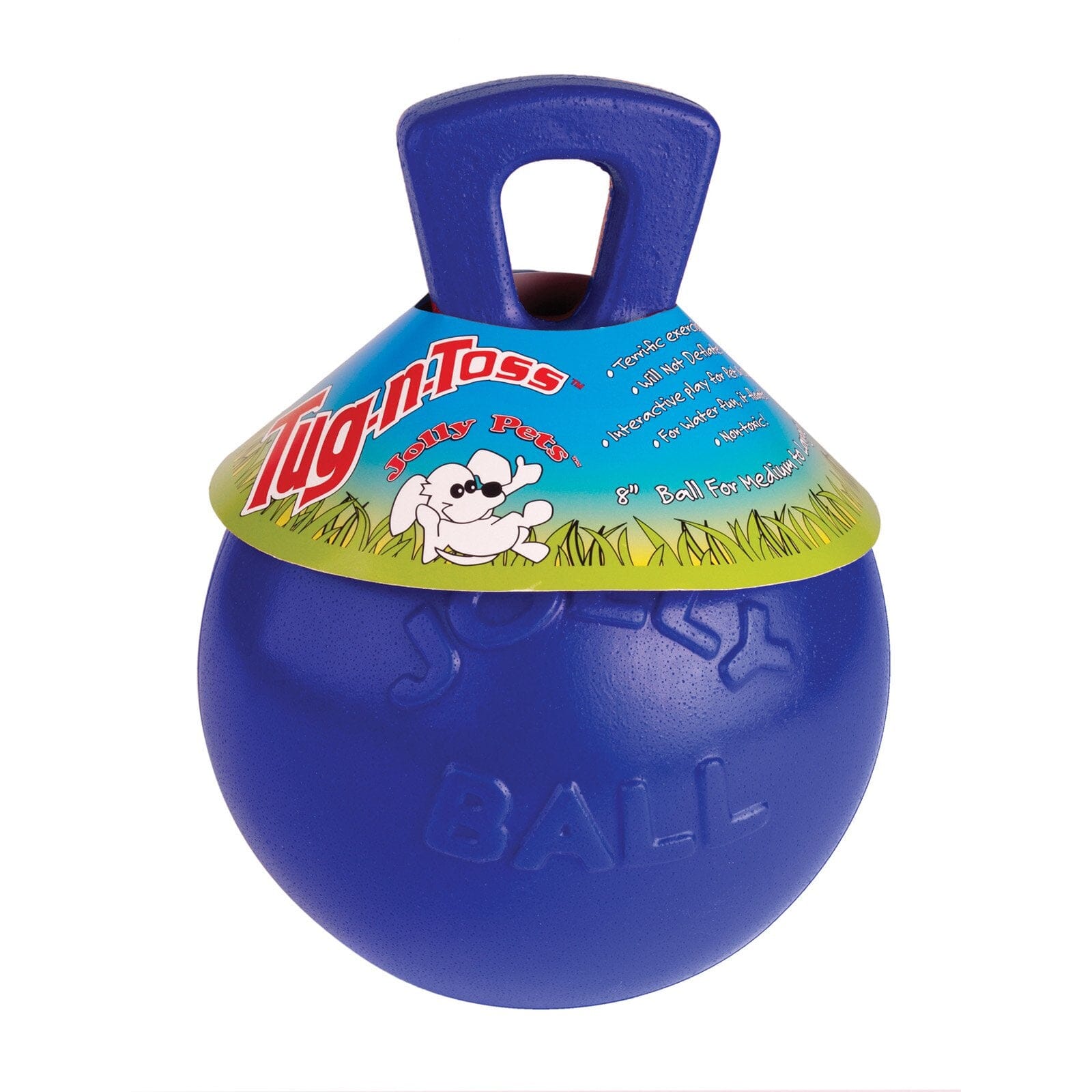 Jolly Pets Tug-N-Toss Fetch Ball Dog Toy with Handle Blue Large - 8 Inch