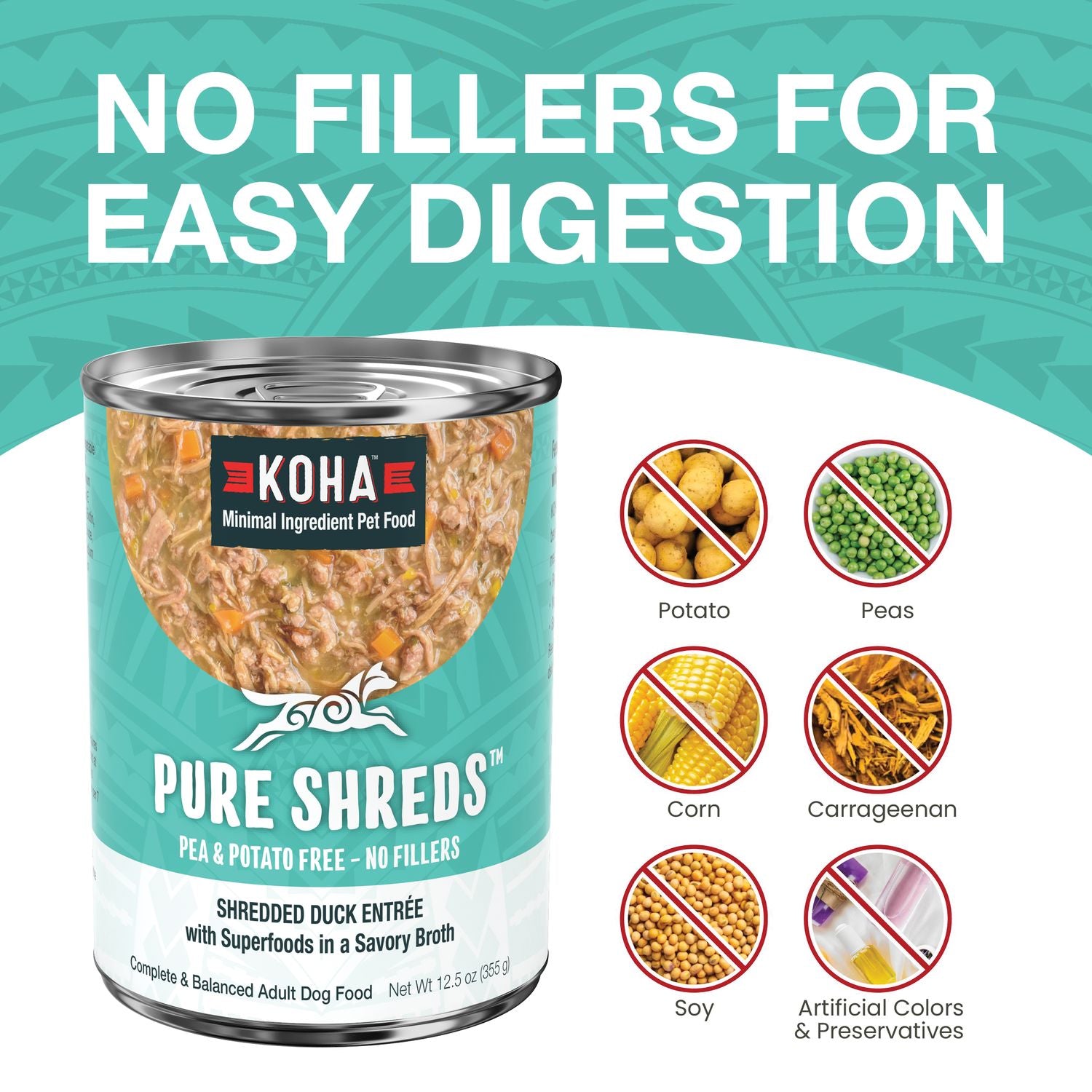 Koha Grain-Free Pure Shreds Shredded Duck Entrée Canned Dog Food - 12.5 Oz - Case of 12