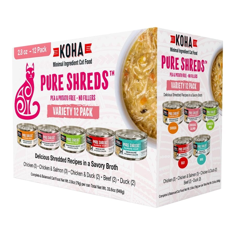 Koha Grain-Free Shredded Beef Duck and Chicken Canned Cat Food - Variety Pack - 2.8 Oz - Case of 24