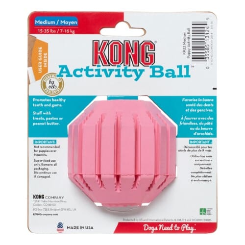 Kong Activity Ball Ribbed Treat-Inserting Chew and Fetch Puppy Rubber Dog Toy Medium