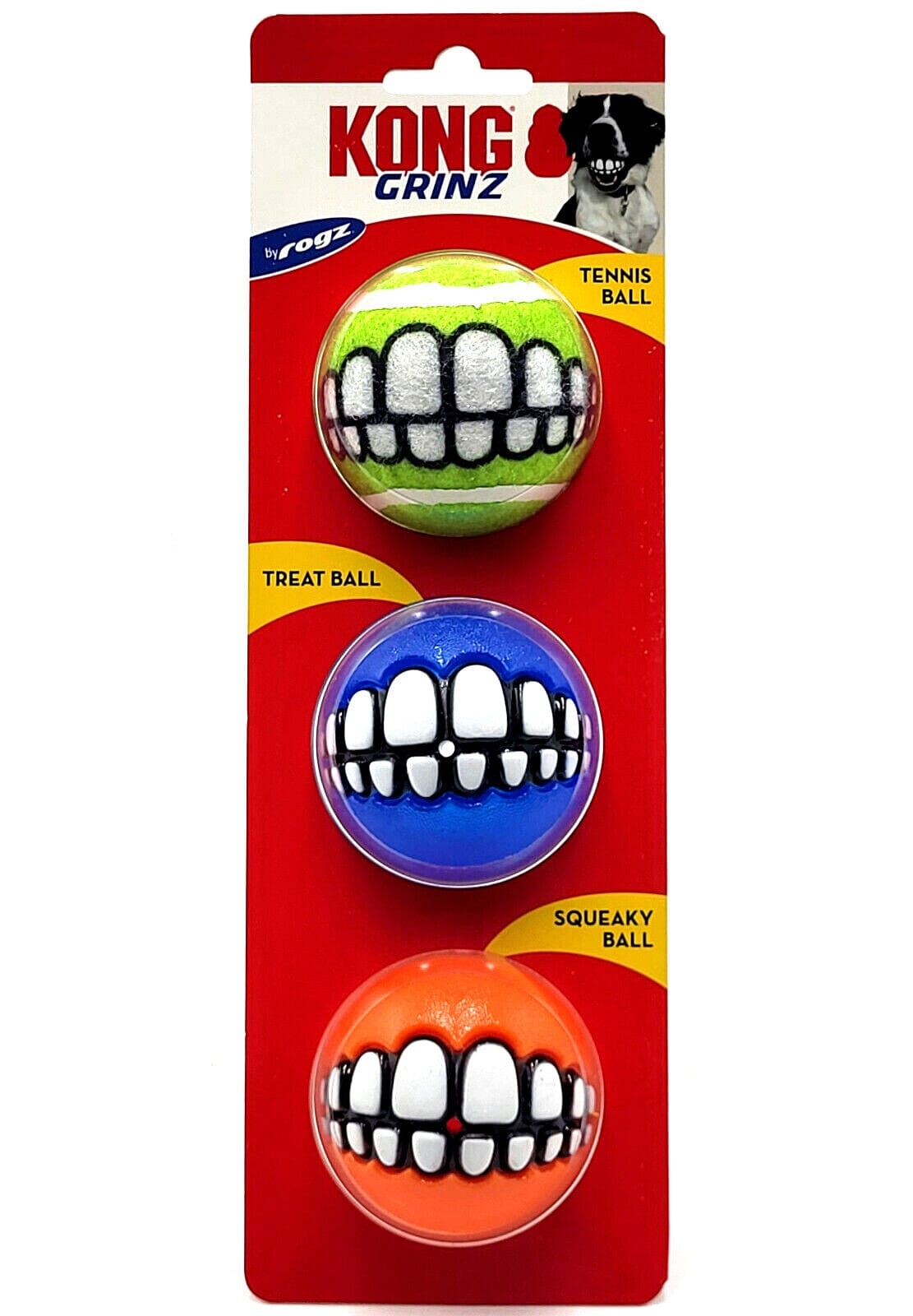 Kong Grinz By Rogz Bouncy Balls Treat and Squeak Fetch Dog Toy Medium - 3 Pack
