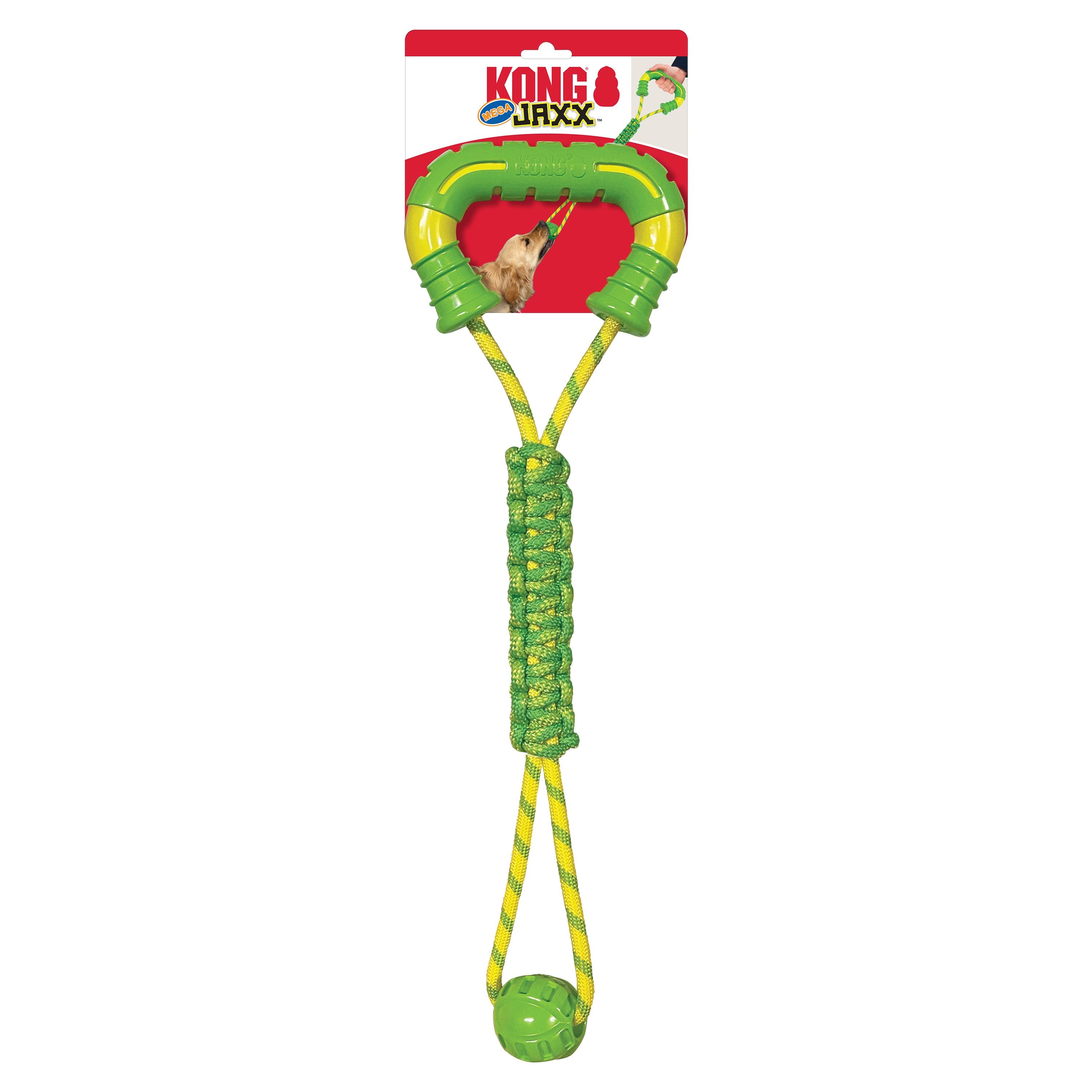 Kong Jaxx Mega Tug Handle and Weaved Rope with Ball Durable Dog Toy - Yellow