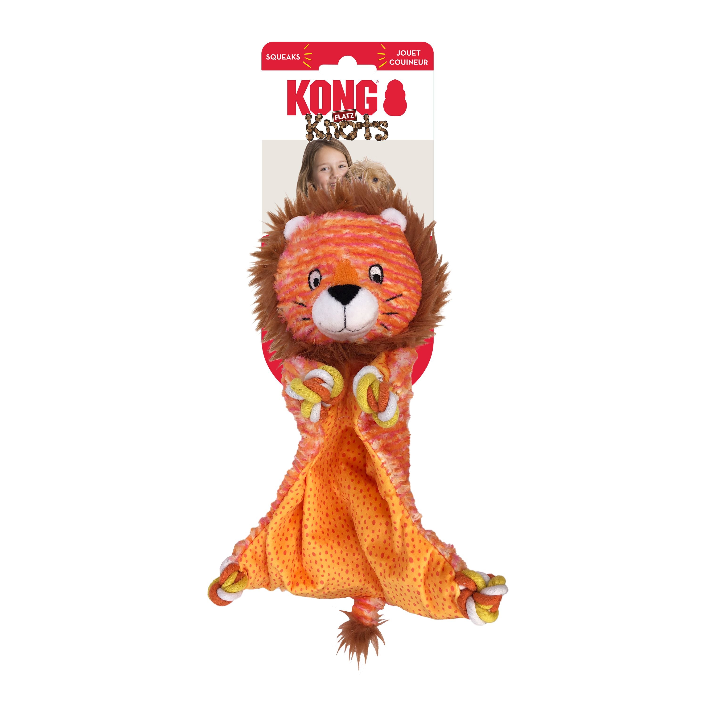 Kong Knots Flatz Lion Internally Knotted and Squeak Dog Toy - Yellow - Medium/Large