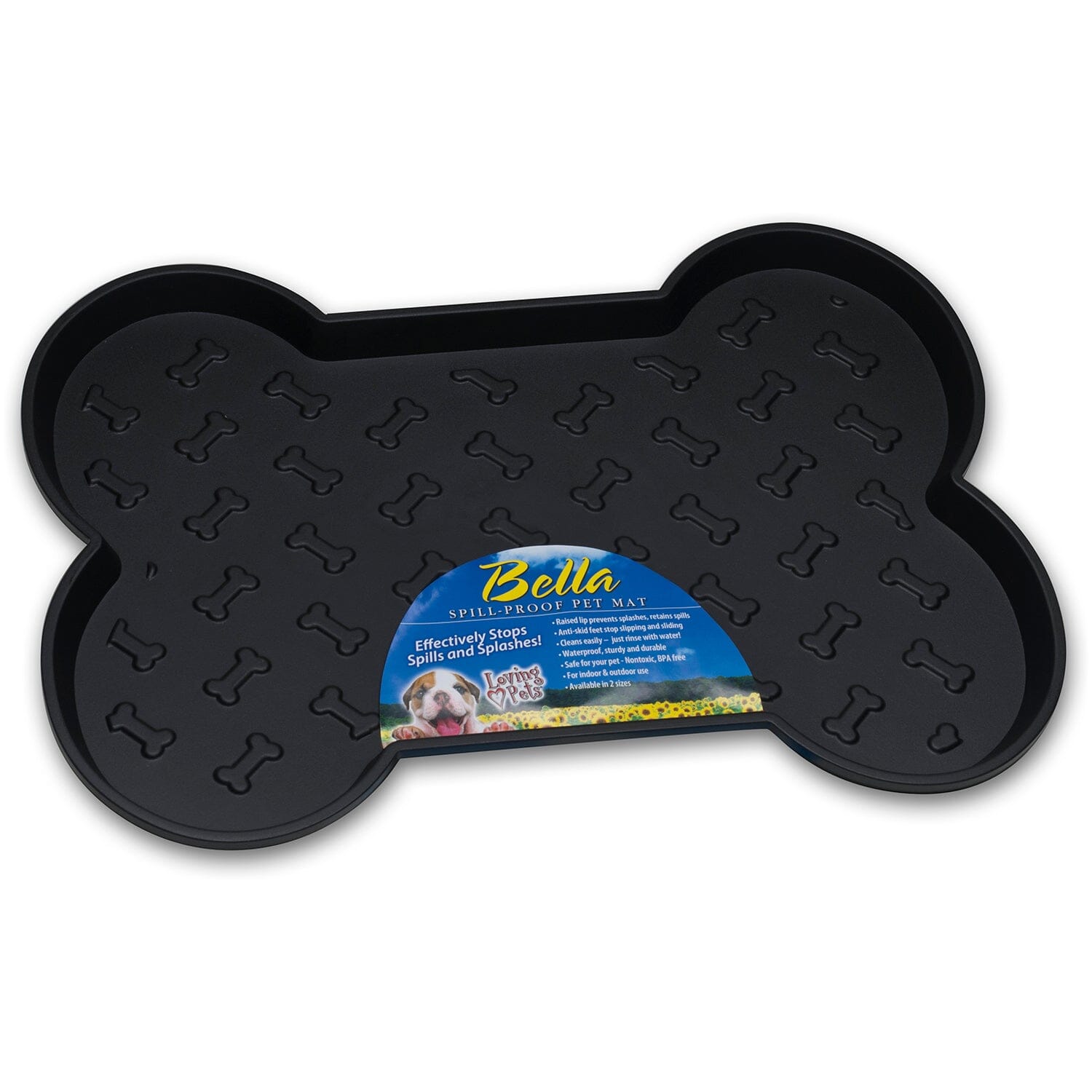 Loving Pets Bella Spill-Proof Rubber Cat and Dog Feeding Mat for Underneath Feeders Black Large