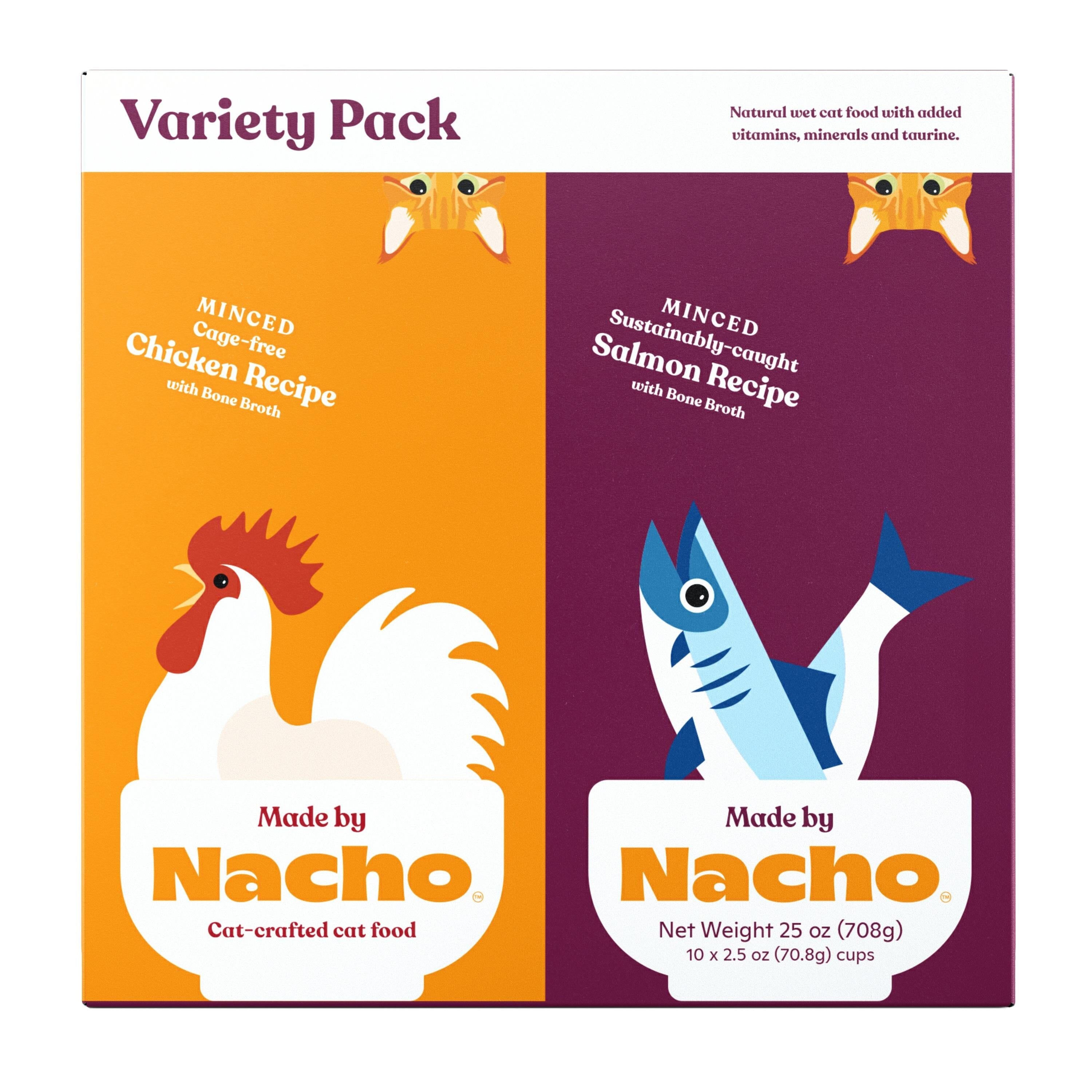 Made by Nacho Chicken and Salmon Minced Wet Cat Food Tray - Variety Pack - 2.5 Oz - Case of 10